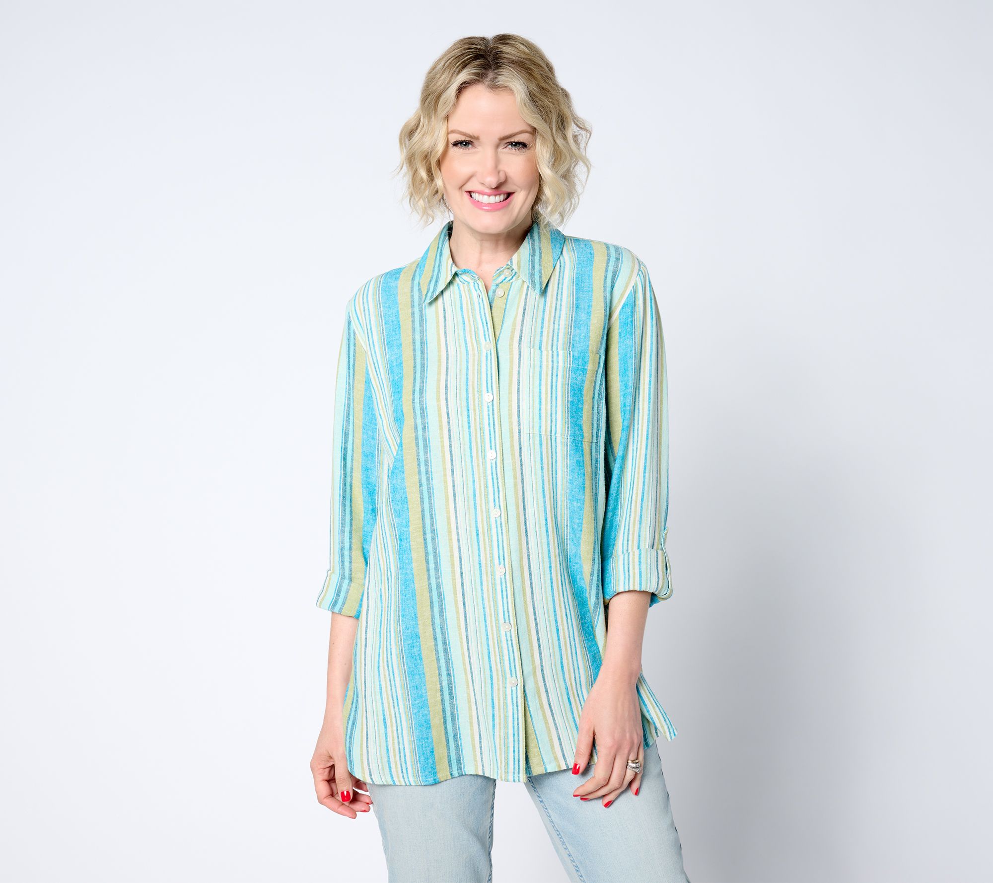 "As Is" Denim & Co. Naturals Linen Blend Petite Button Front Tunic