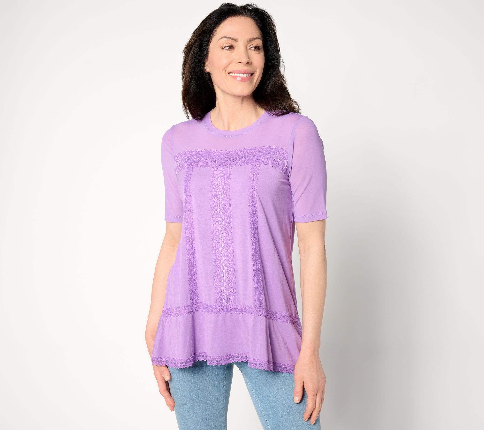 "As Is" LOGO Lavish by Lori Goldstein Elbow Sleeve Top witj Mesh & Lace