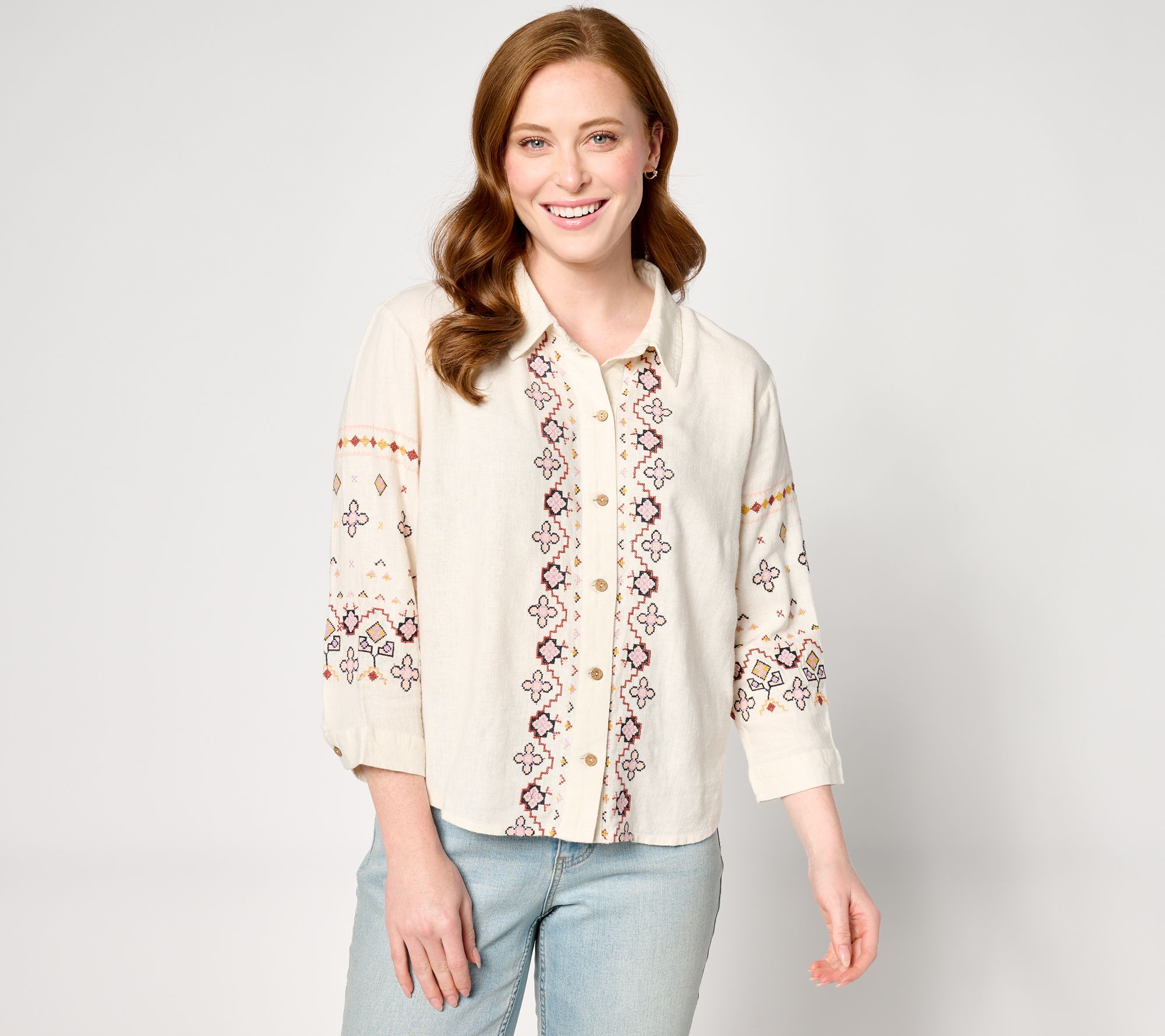 "As Is" Denim & Co. Canyon Retreat Oasis Embroidered Linen Top