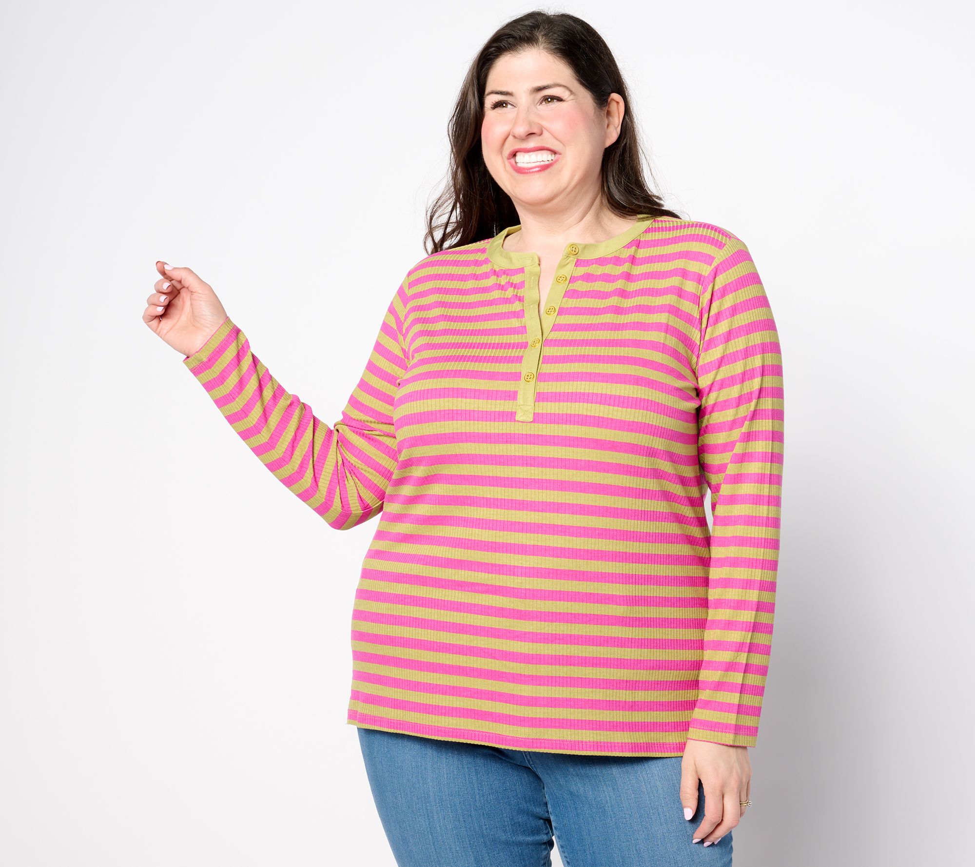 "As Is" Belle by Kim Gravel Rayon Spandex Ribbed Mini Striped Henley