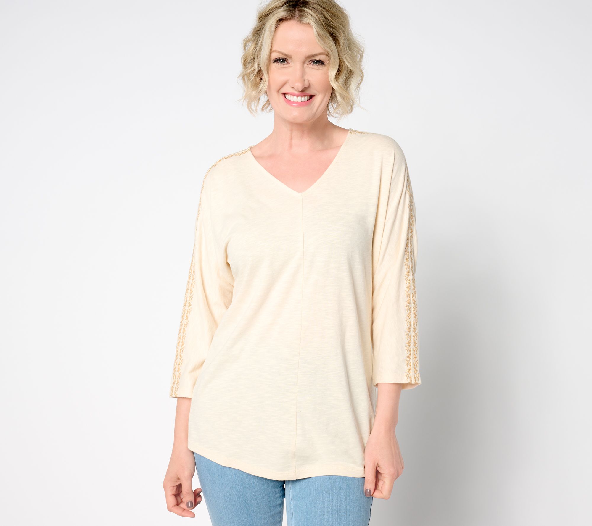 "As Is" Denim & Co. Slub Jersey Dolman 3/4 Sleeve Top with Embroidery