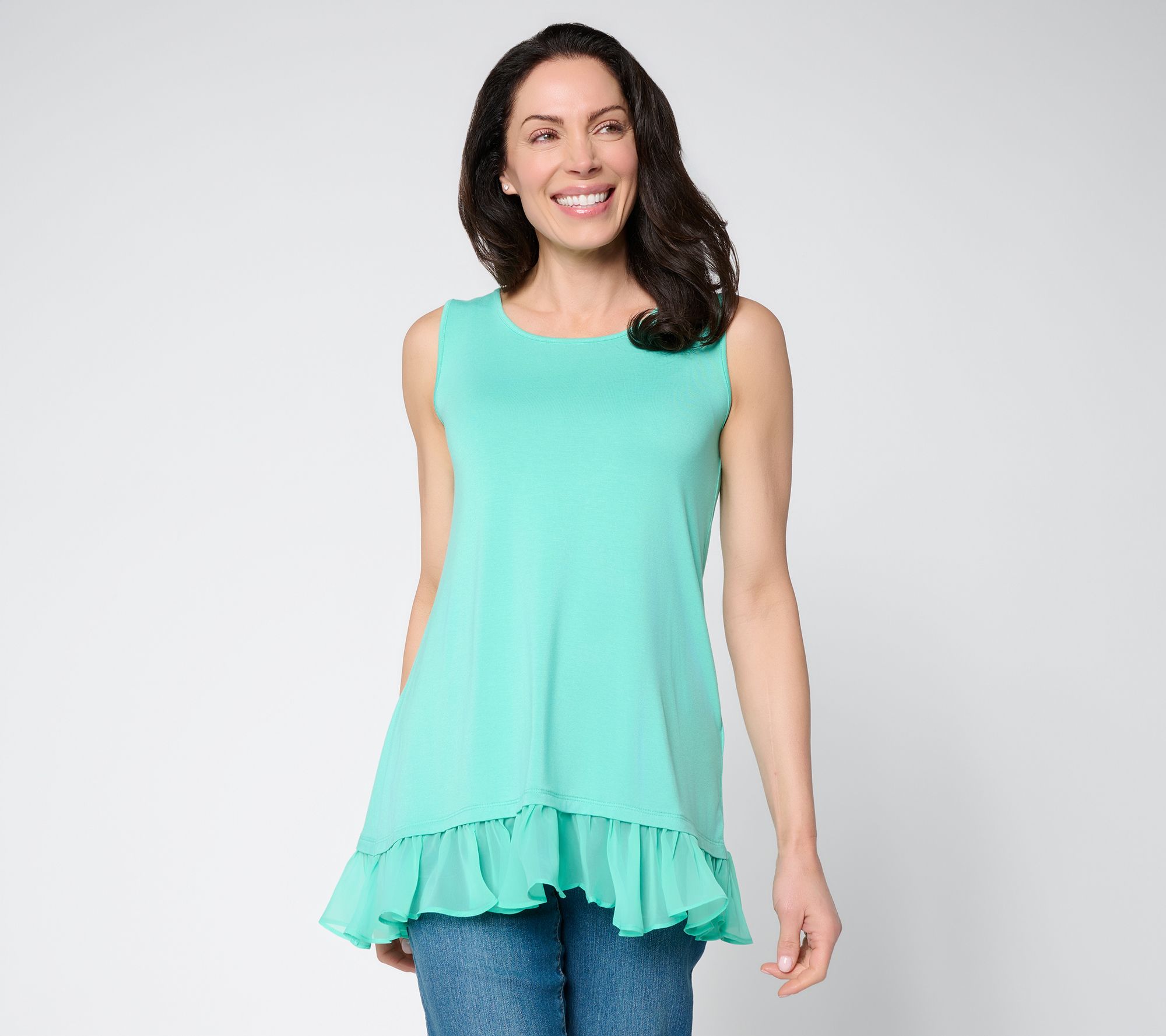 LOGO Layers by Lori Goldstein Knit Tank with Hi-Low Chiffon Hem