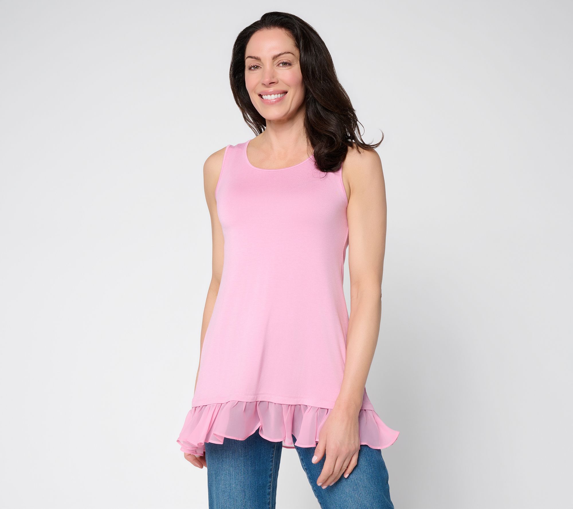 LOGO Layers by Lori Goldstein Knit Tank with Hi-Low Chiffon Hem