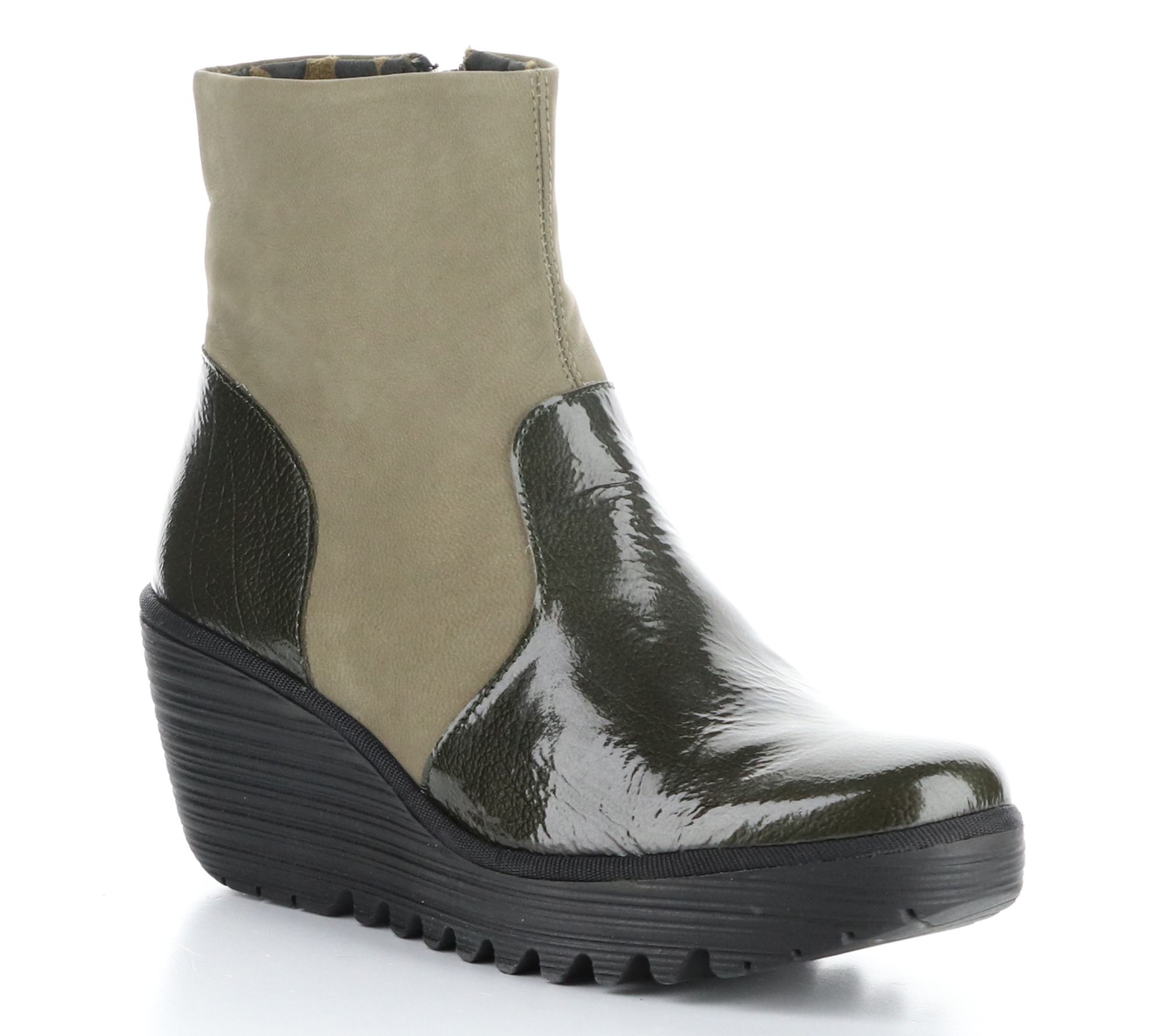 Fly London Suede/Patent Leather Wedge Boot- Yux i