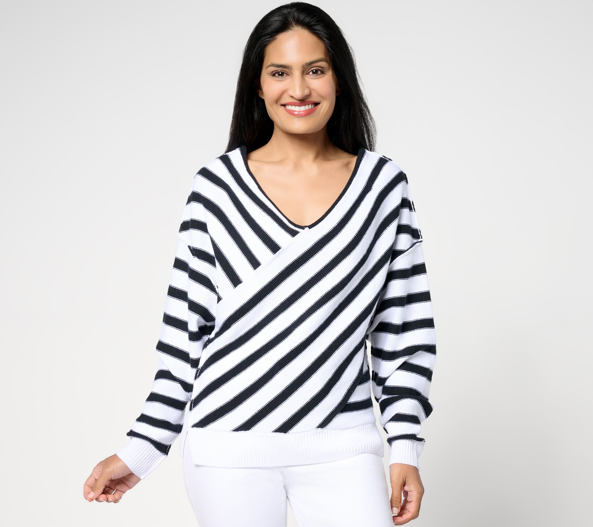 Peace Love World Overlap Stripe V-Neck Sweater