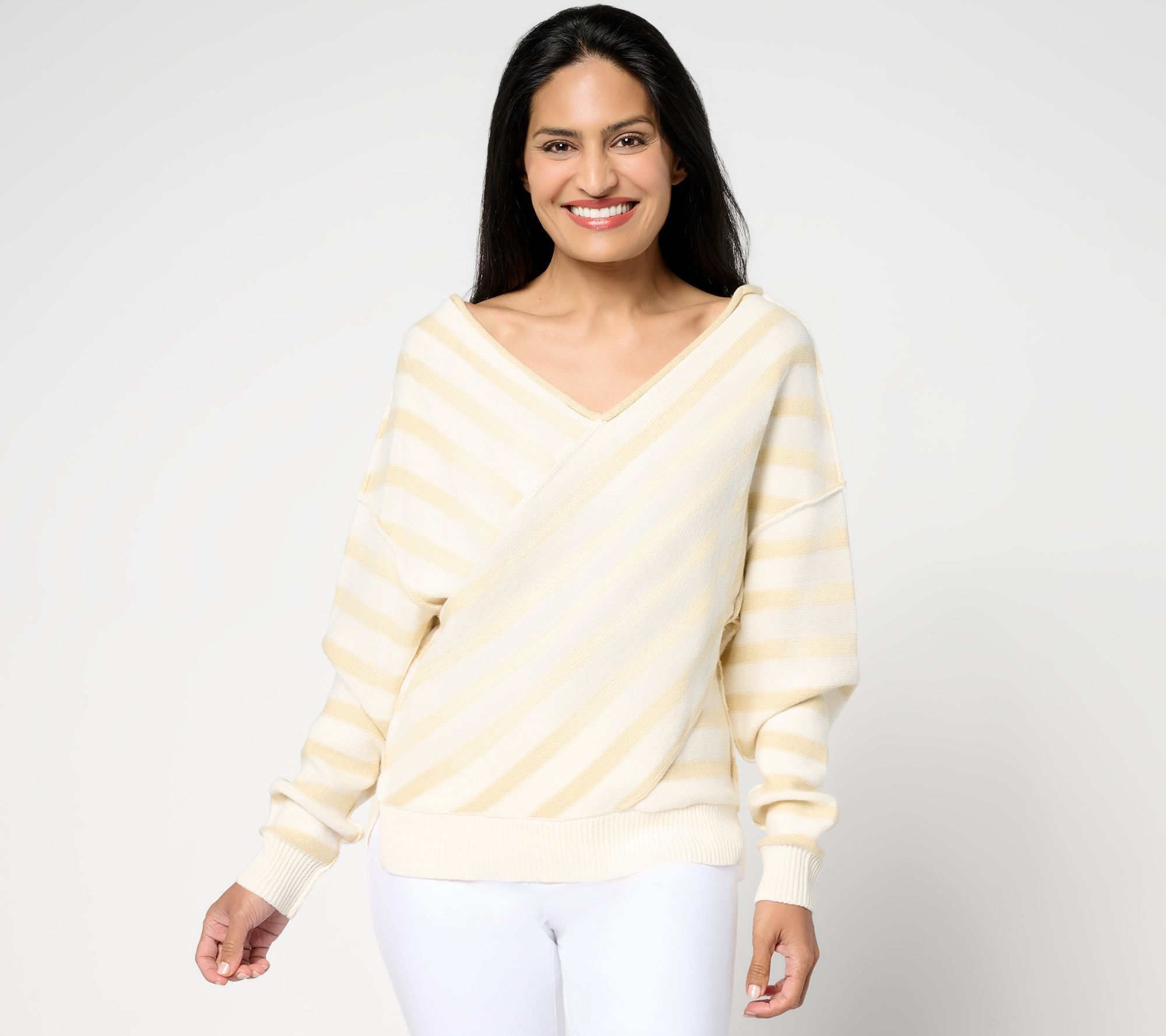 Peace Love World Overlap Stripe V-Neck Sweater