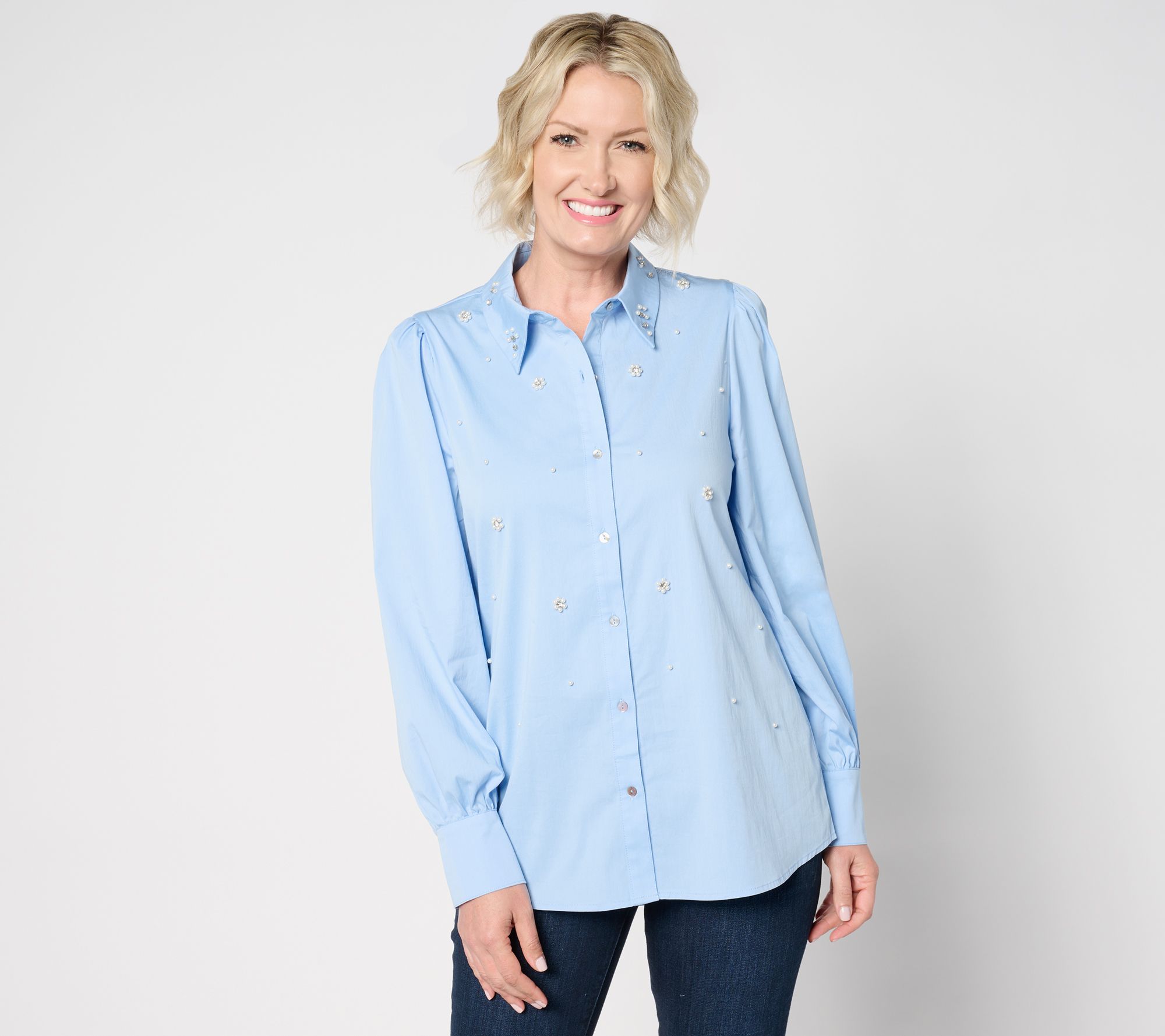 "As Is" Dennis Basso Cotton Button Front Top with Embellishments