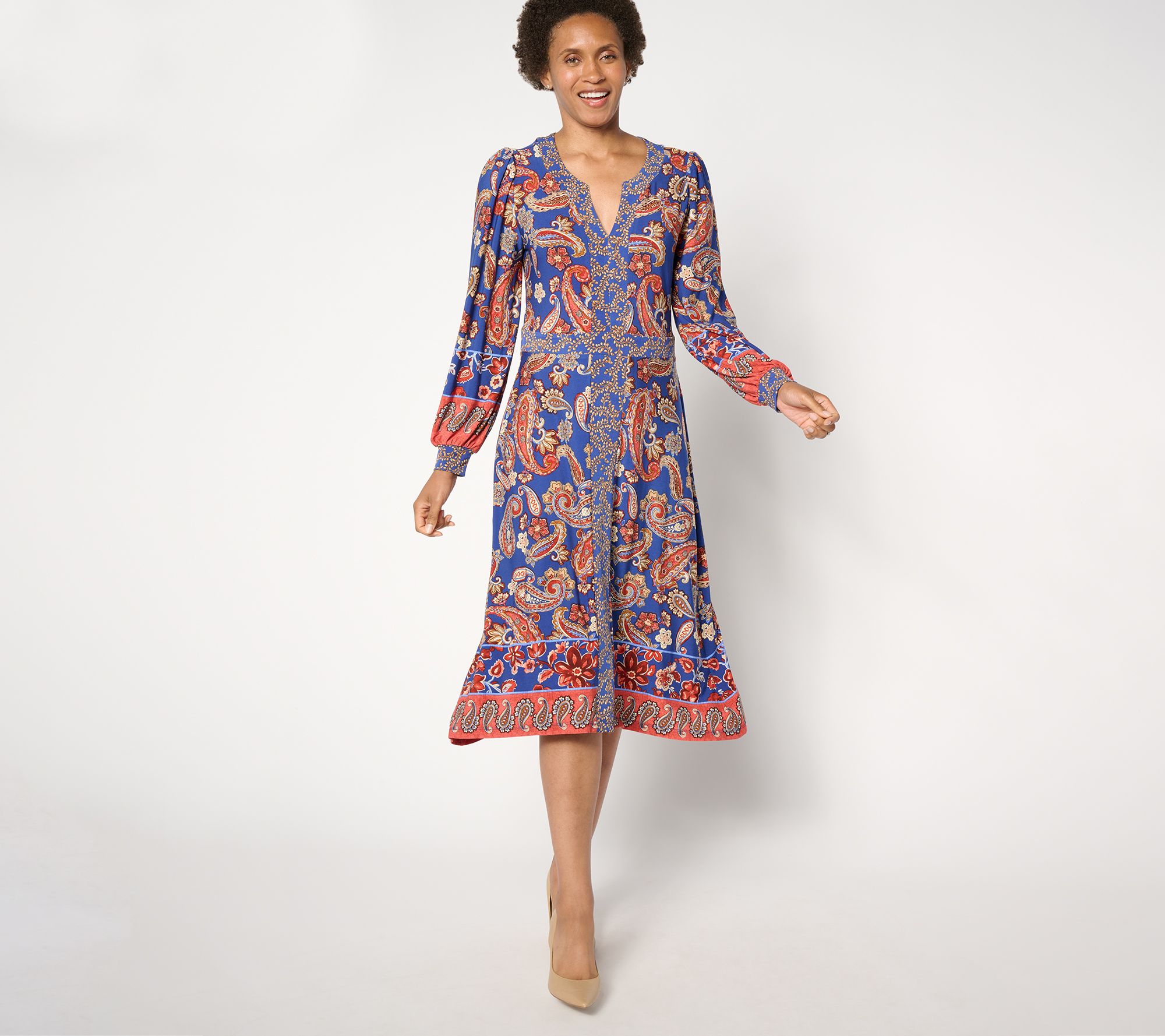 "As Is" Susan Graver Petite Printed Liquid Knit Long Slv Midi Dress