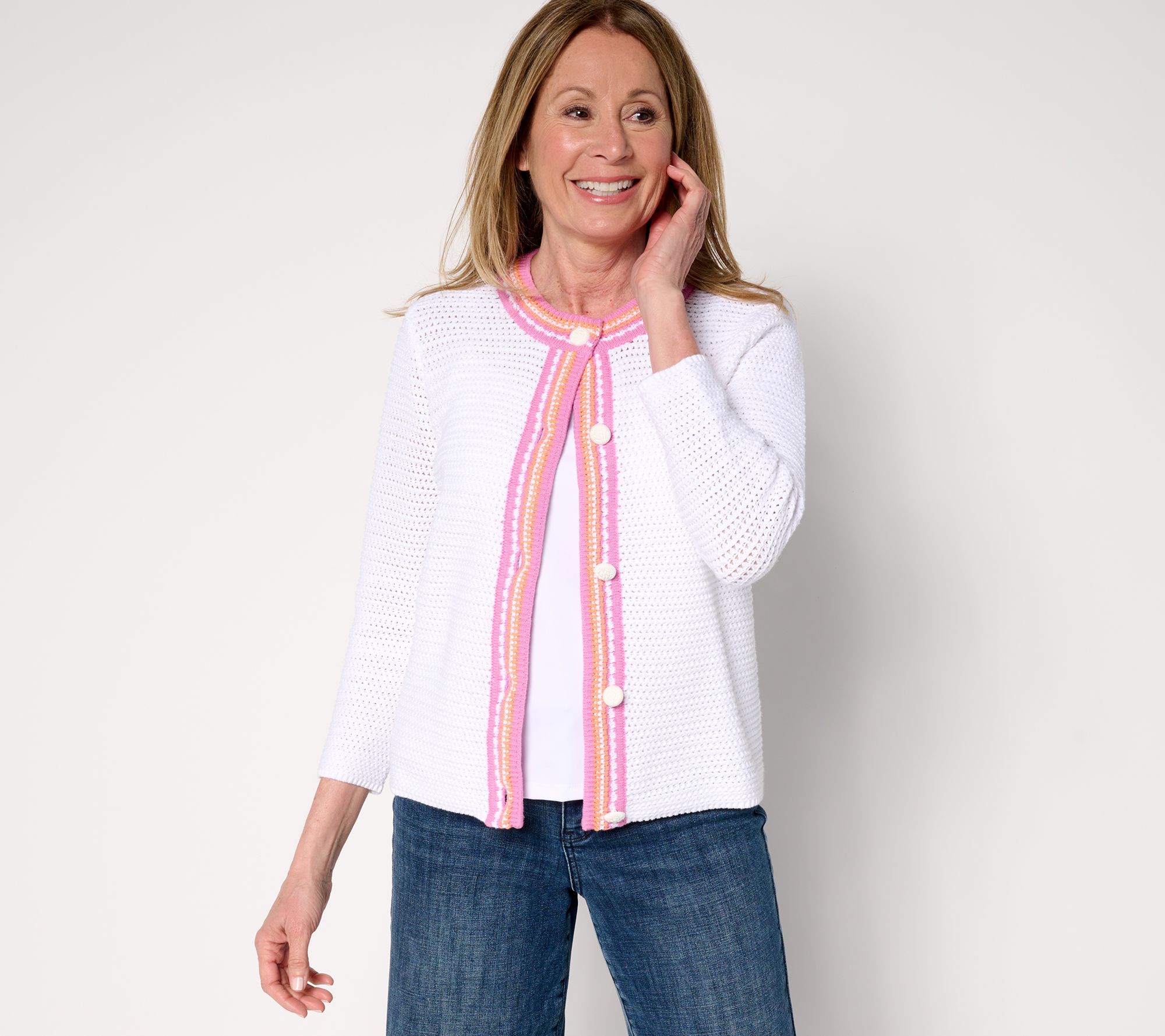 Isaac Mizrahi Live! Crochet Trim Button Front Cotton Cardigan