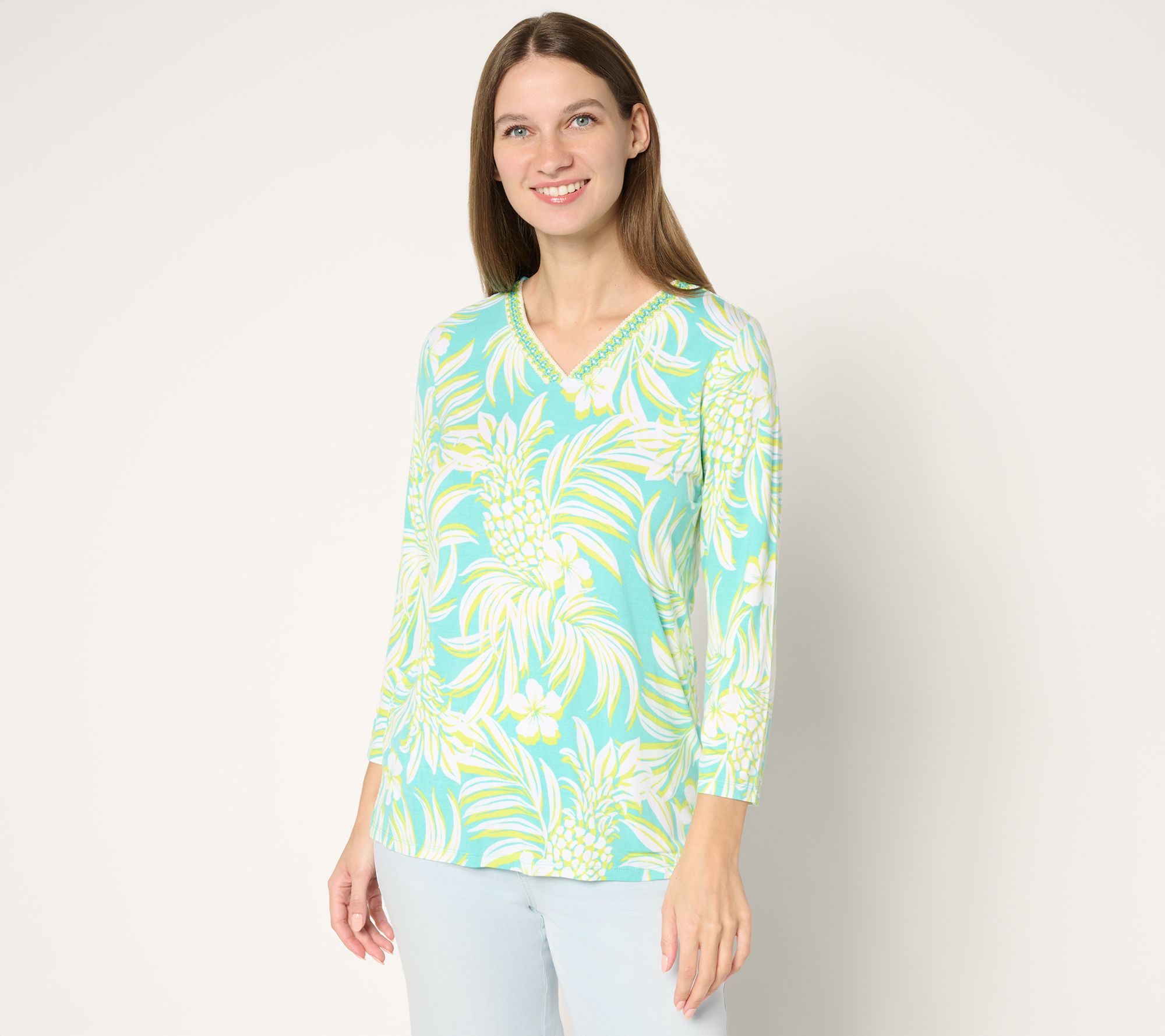 Belle by Kim Gravel Rayon Spandex Pineapple Palm Trim Top