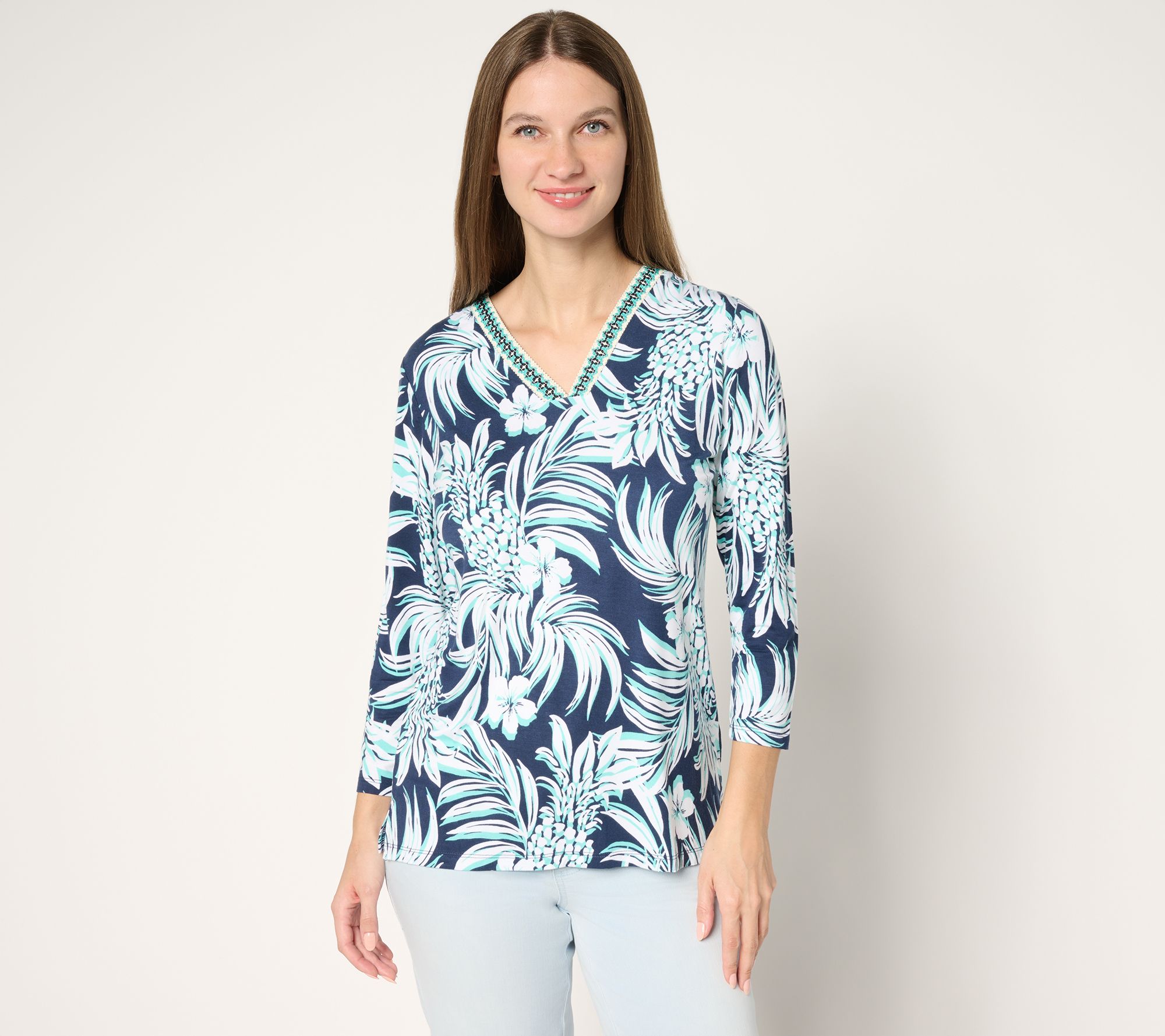 Belle by Kim Gravel Rayon Spandex Pineapple Palm Trim Top