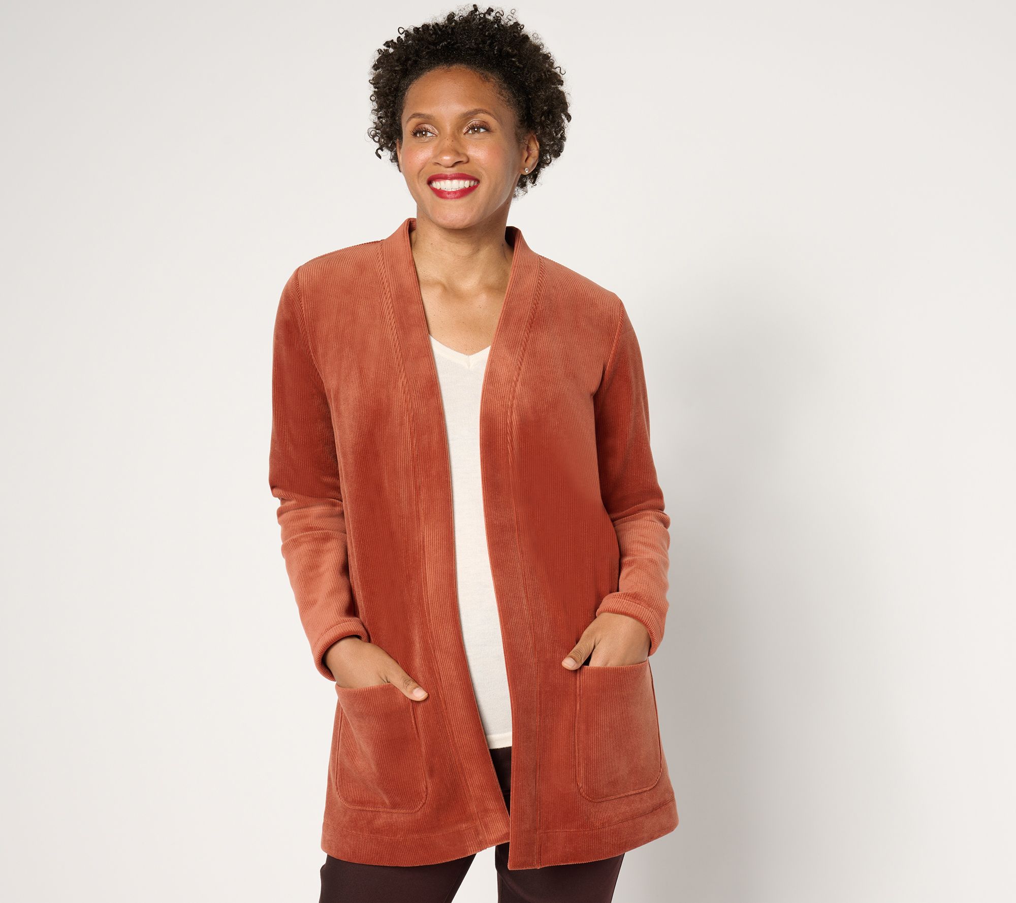 As Is Susan Graver Petite Knit CorduroyFusion Open Cardigan