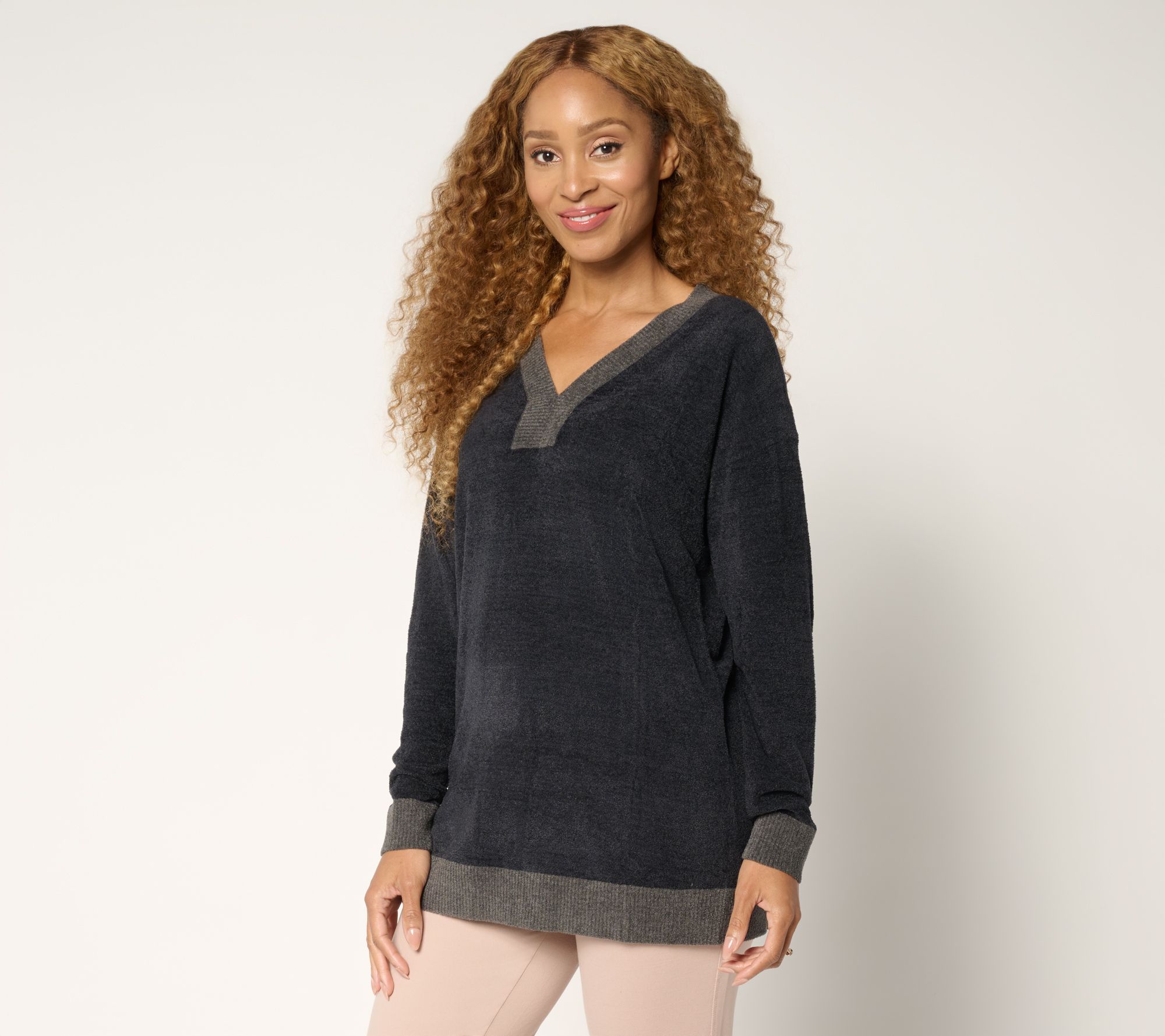 Barefoot Dreams Petite CozyChic Ultra Lite Color Block V-Neck Tunic