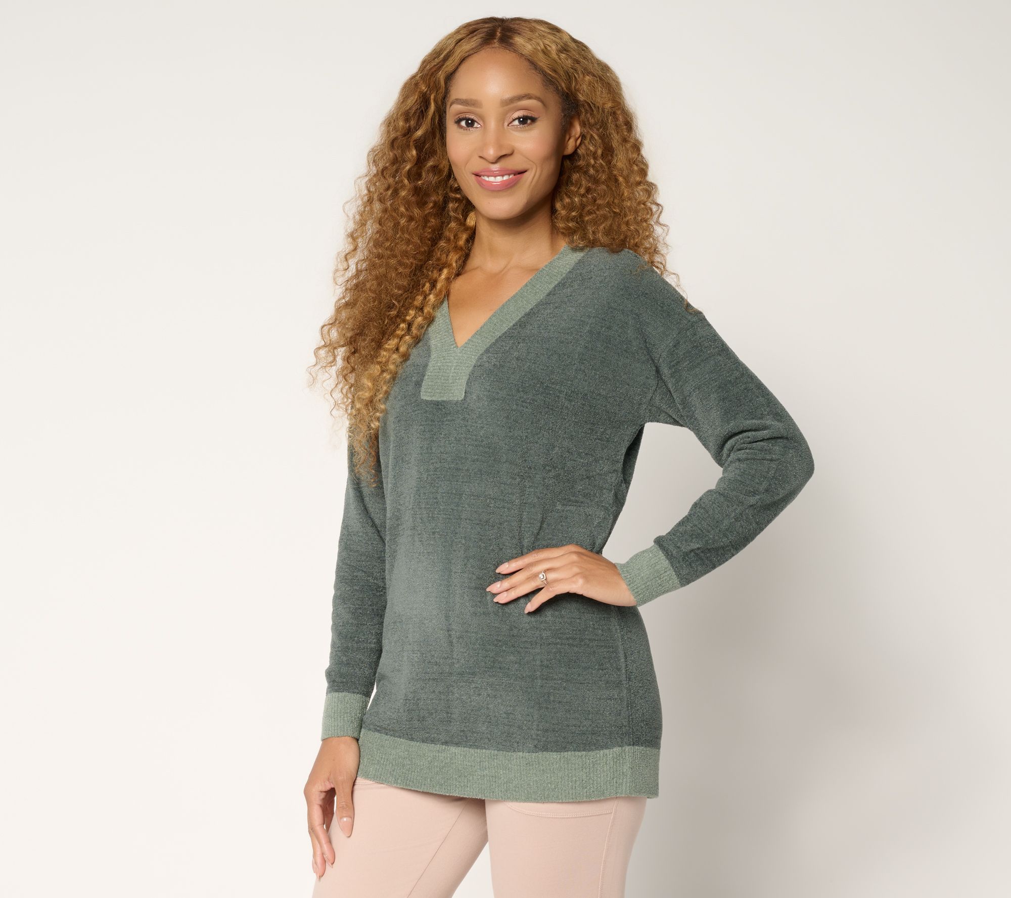 Barefoot Dreams Petite CozyChic Ultra Lite Color Block V-Neck Tunic