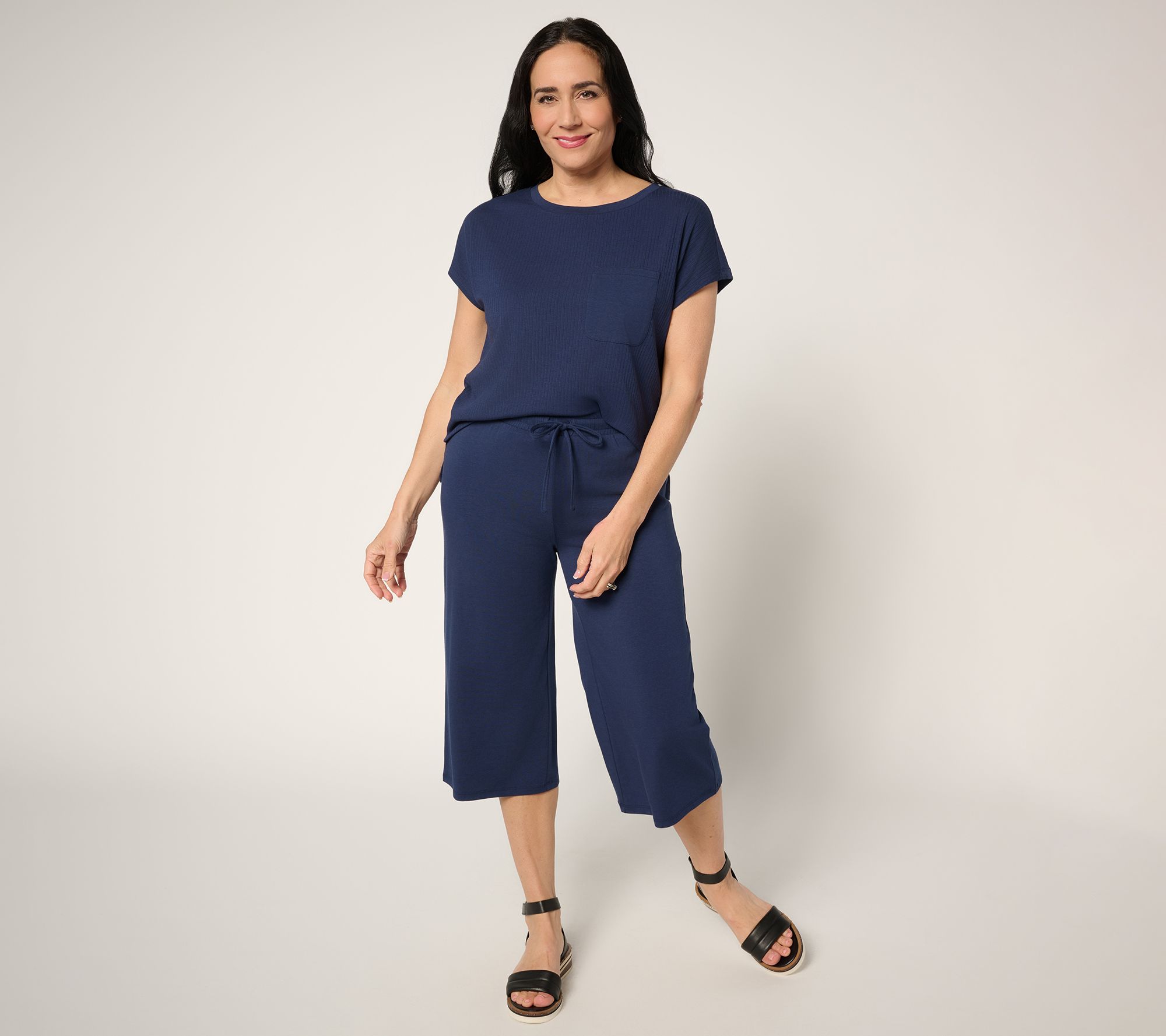 AnyBody Petite Cozy Knit Top and Wide Leg Capri Set
