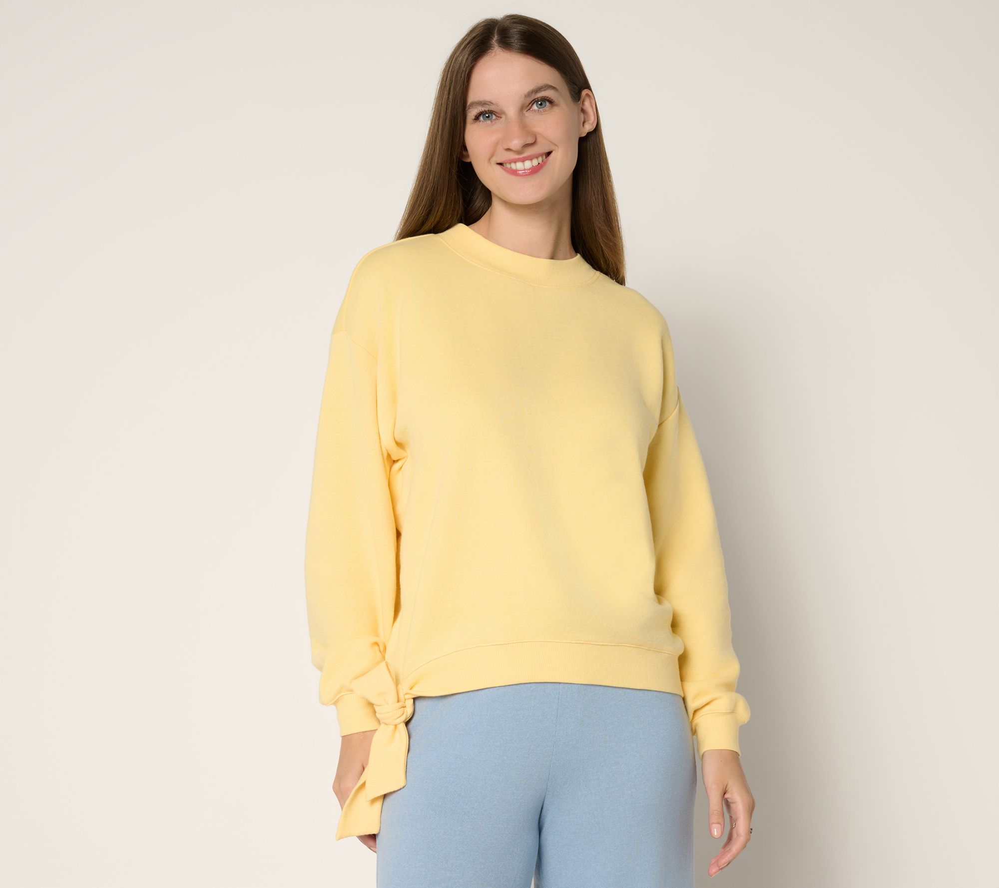 Peace Love World French Terry Sweatshirt with Ruched Sleeves