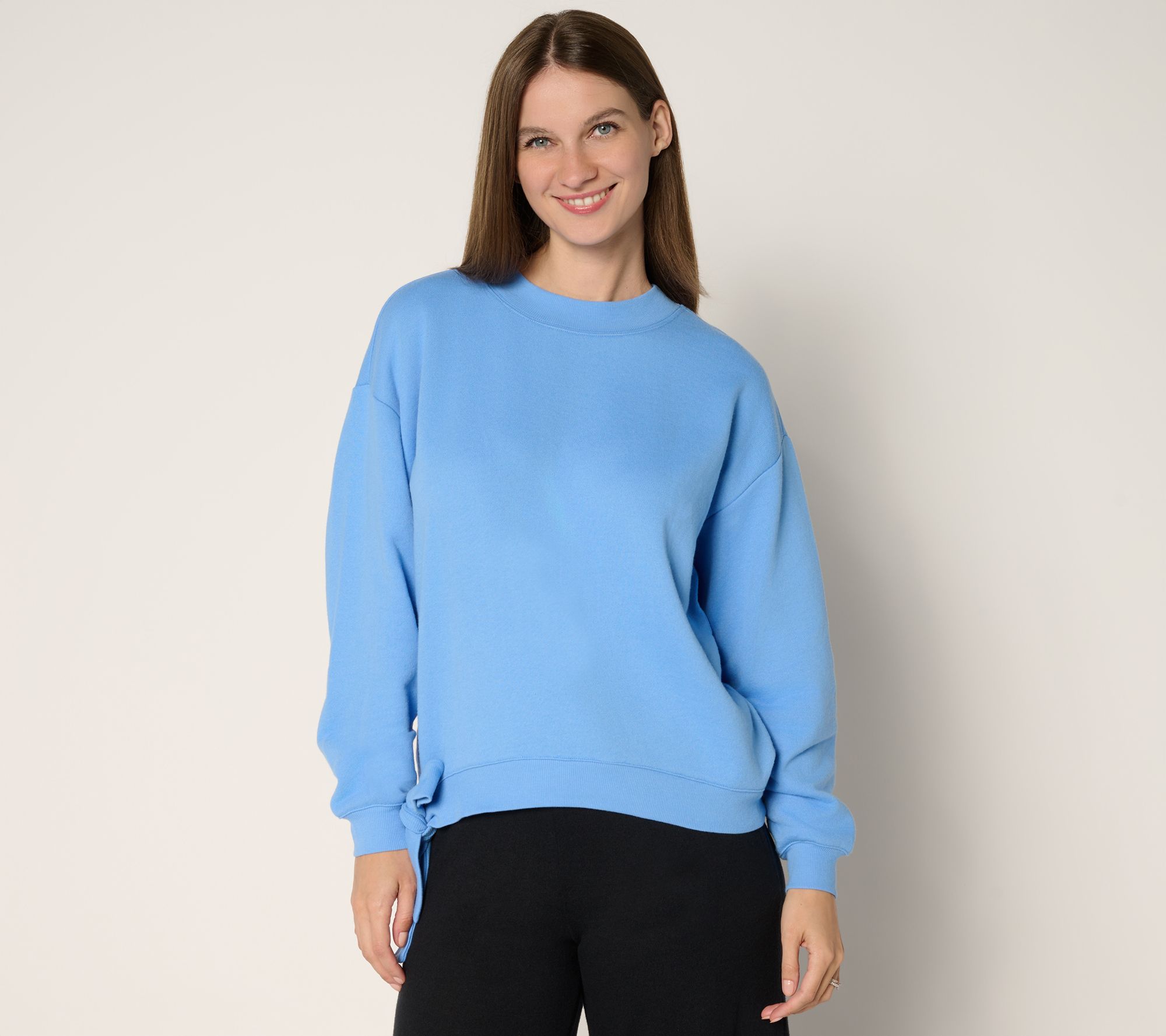 Peace Love World French Terry Sweatshirt with Ruched Sleeves