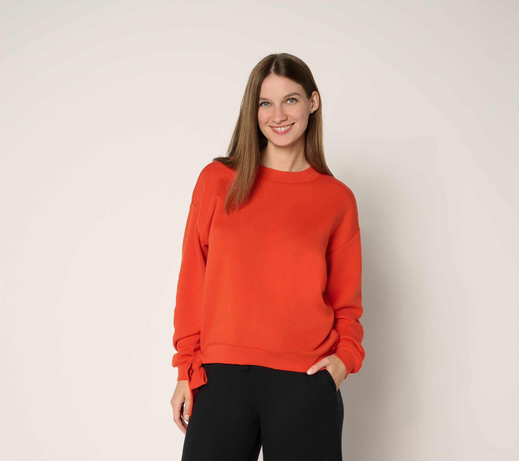 Peace Love World French Terry Sweatshirt with Ruched Sleeves