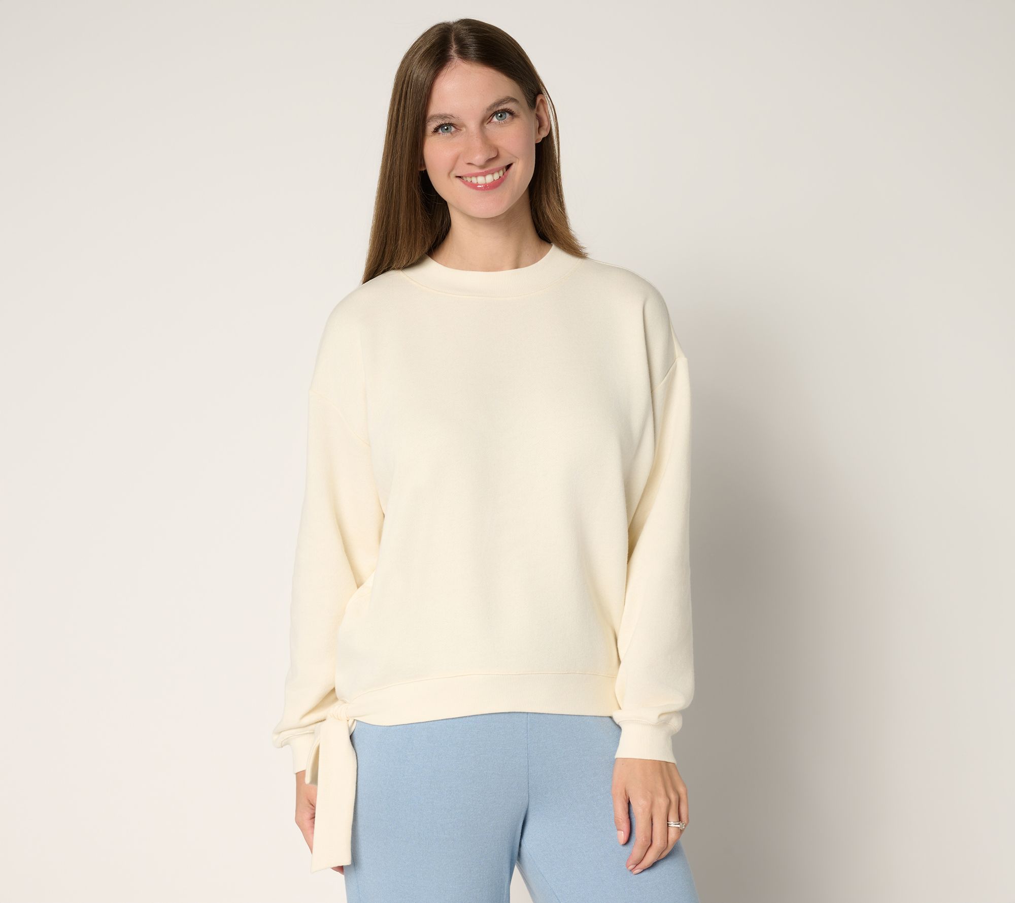 Peace Love World French Terry Sweatshirt with Ruched Sleeves