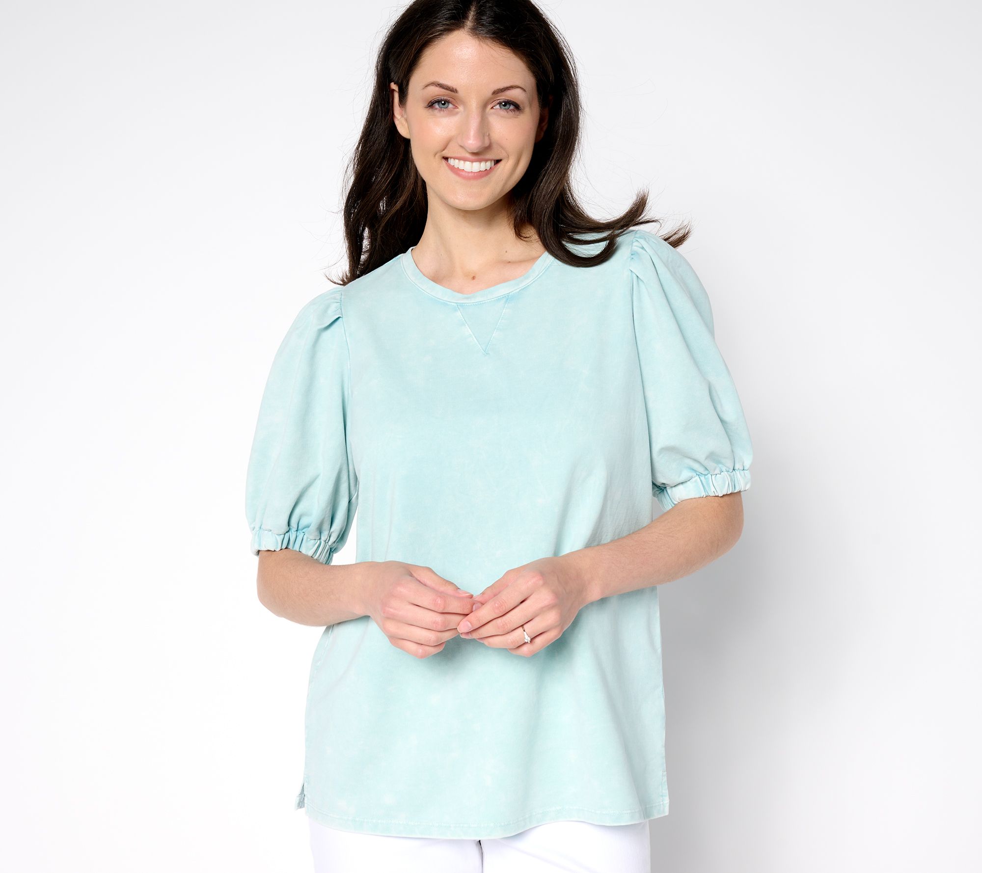 LOGO by Lori Goldstein Acid Wash Knit Top with Puff Sleeves