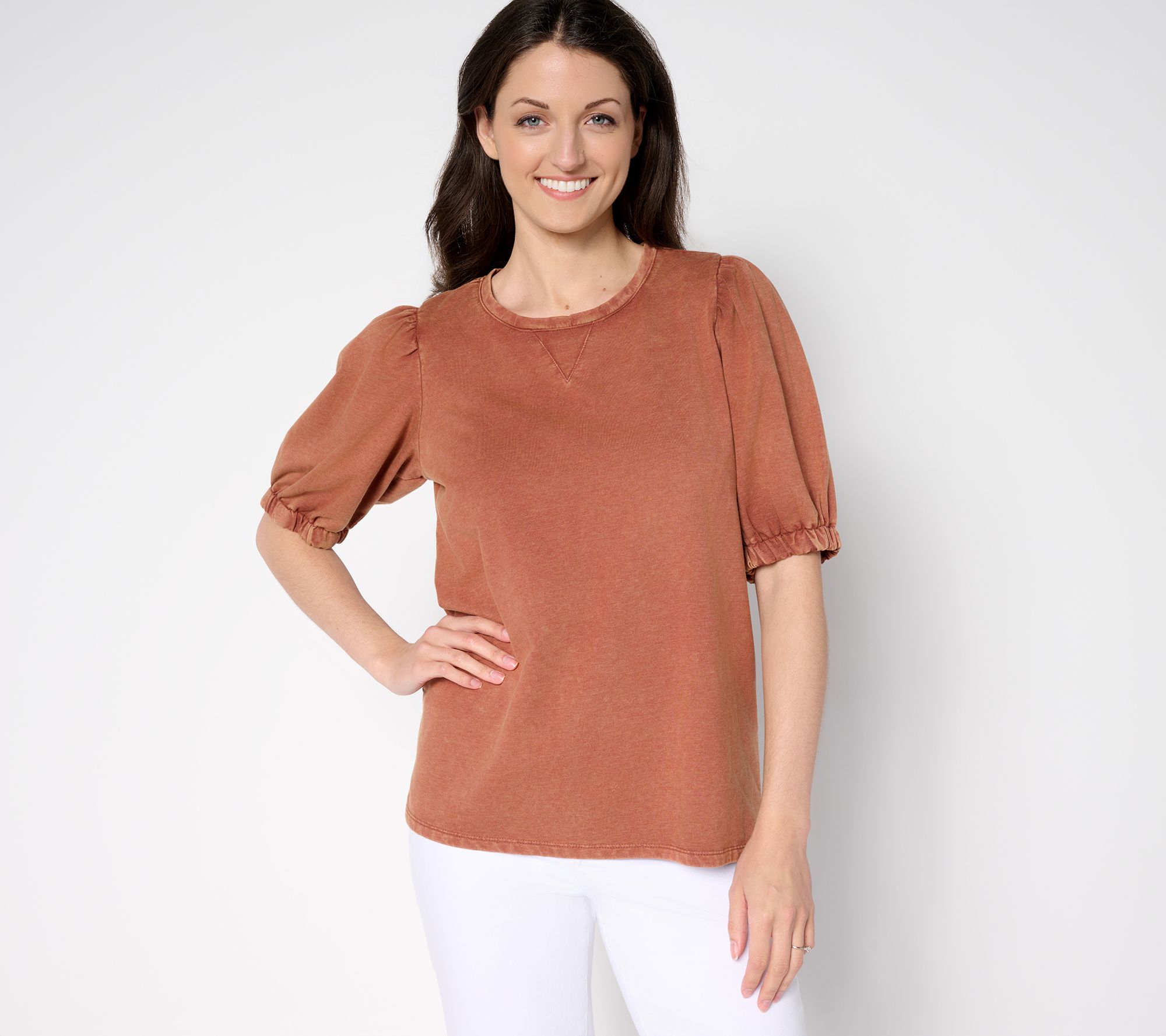 LOGO by Lori Goldstein Acid Wash Knit Top with Puff Sleeves