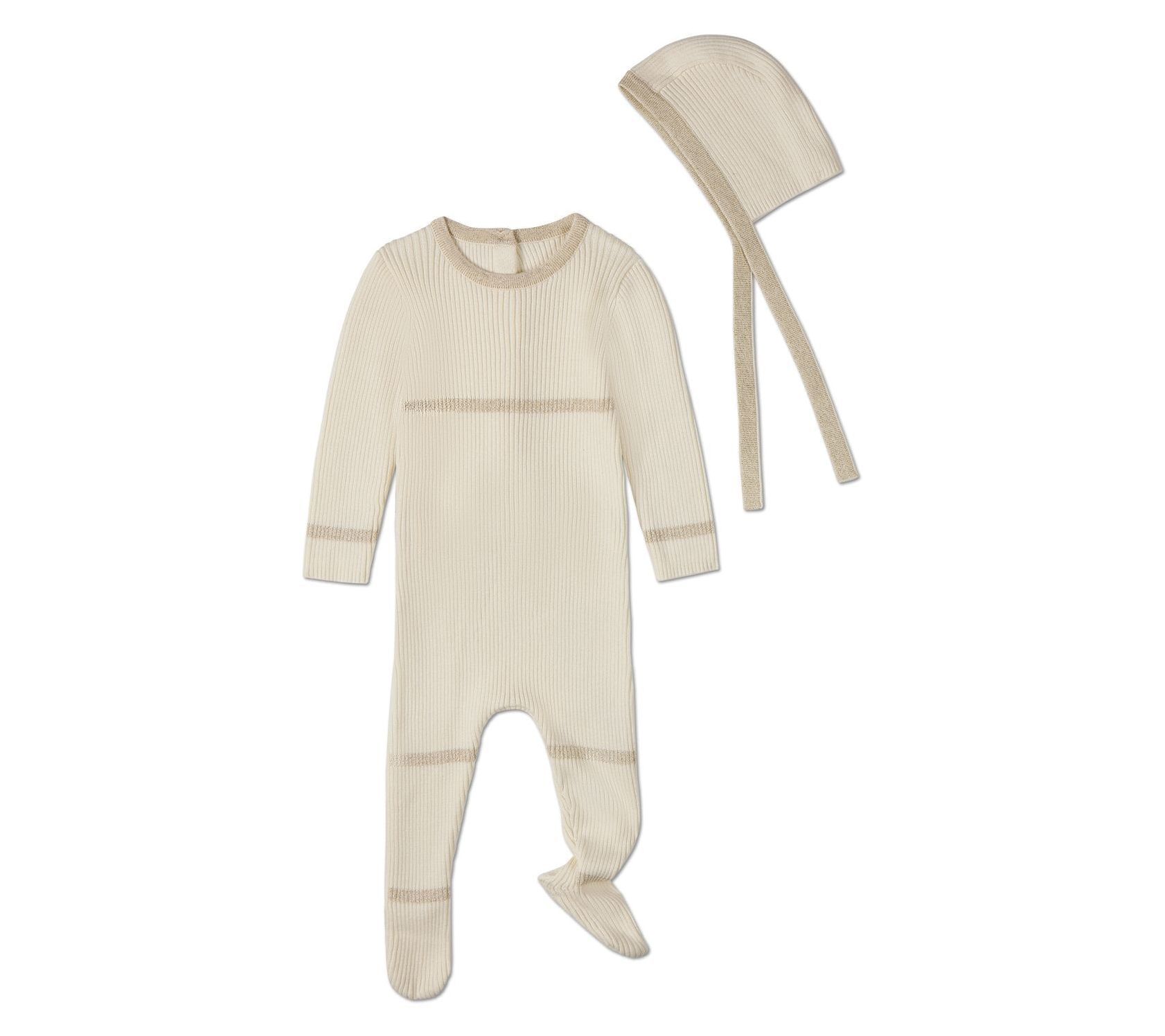 MiniMoi Baby Lurex-Trimmed Ribbed Cotton Footieand Cap Set