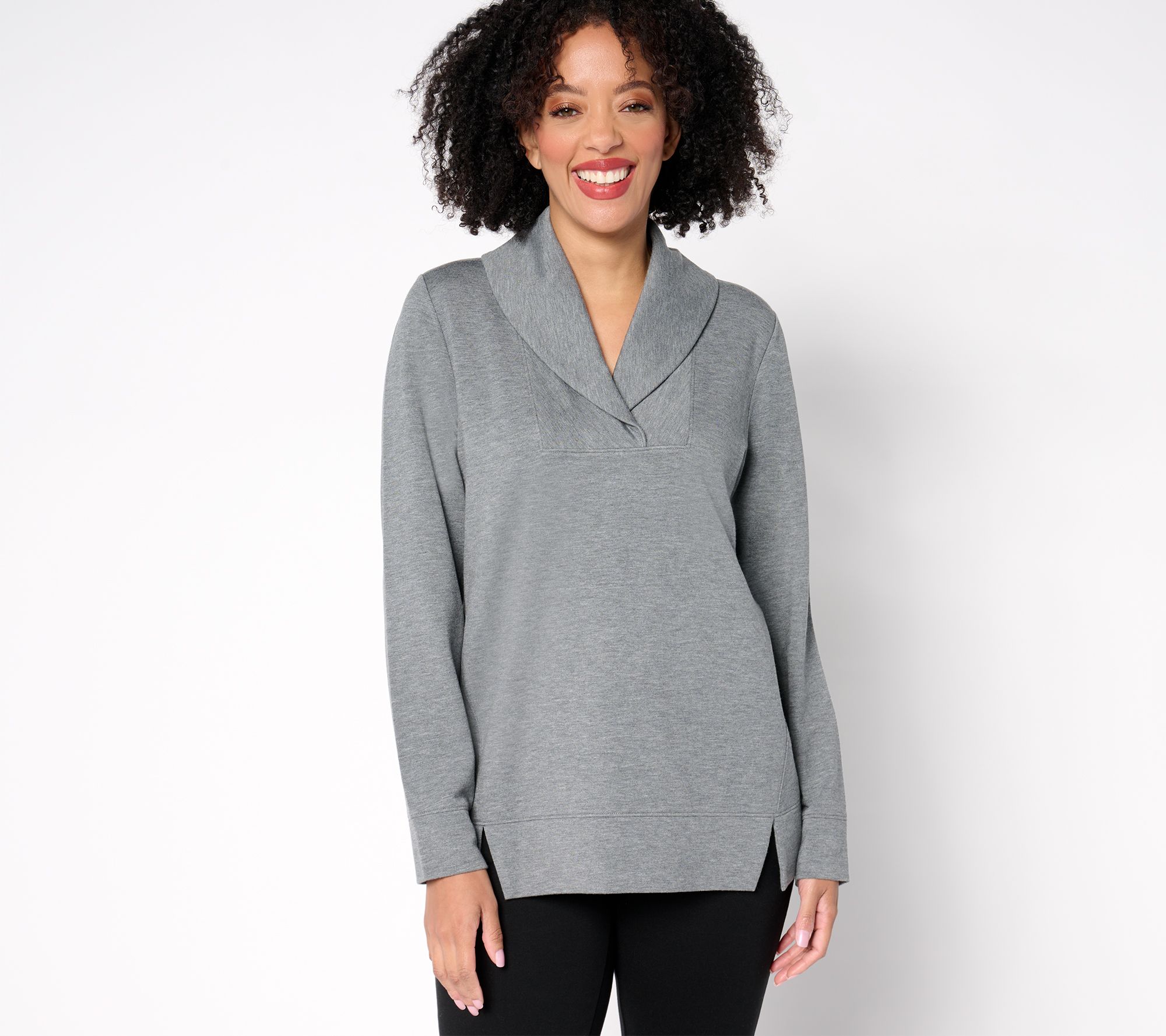 "As Is" Denim & Co. Active Fleece Back Knit Top with Shawl Collar