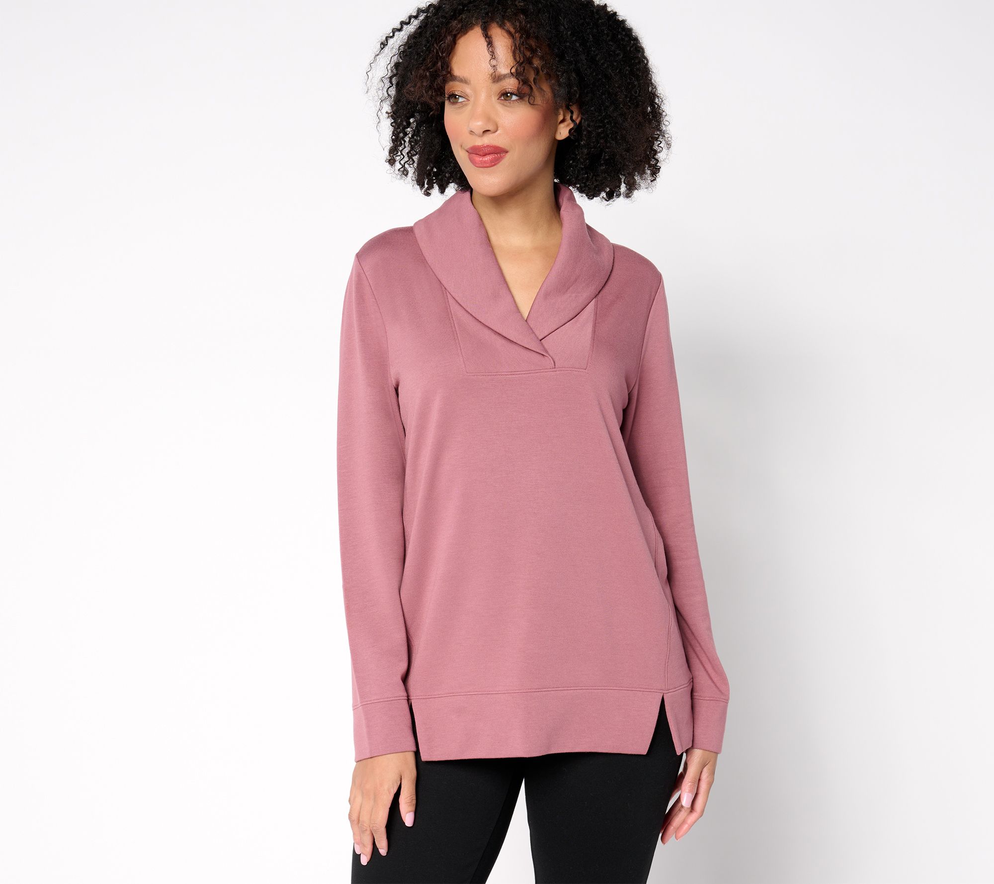 "As Is" Denim & Co. Active Fleece Back Knit Top with Shawl Collar