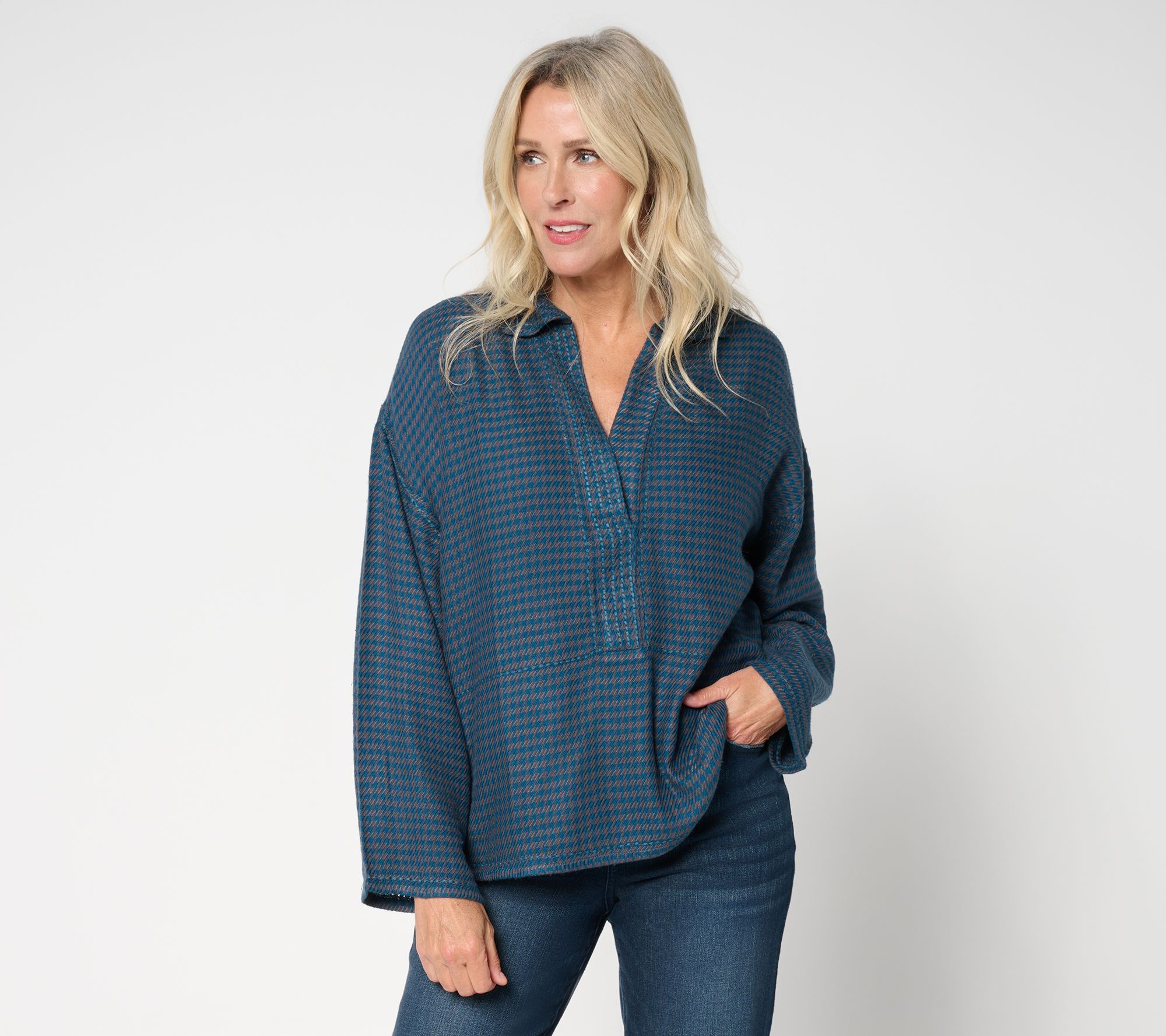 Peace Love World Boheme Houndsooth Brushed Twill Popover Top