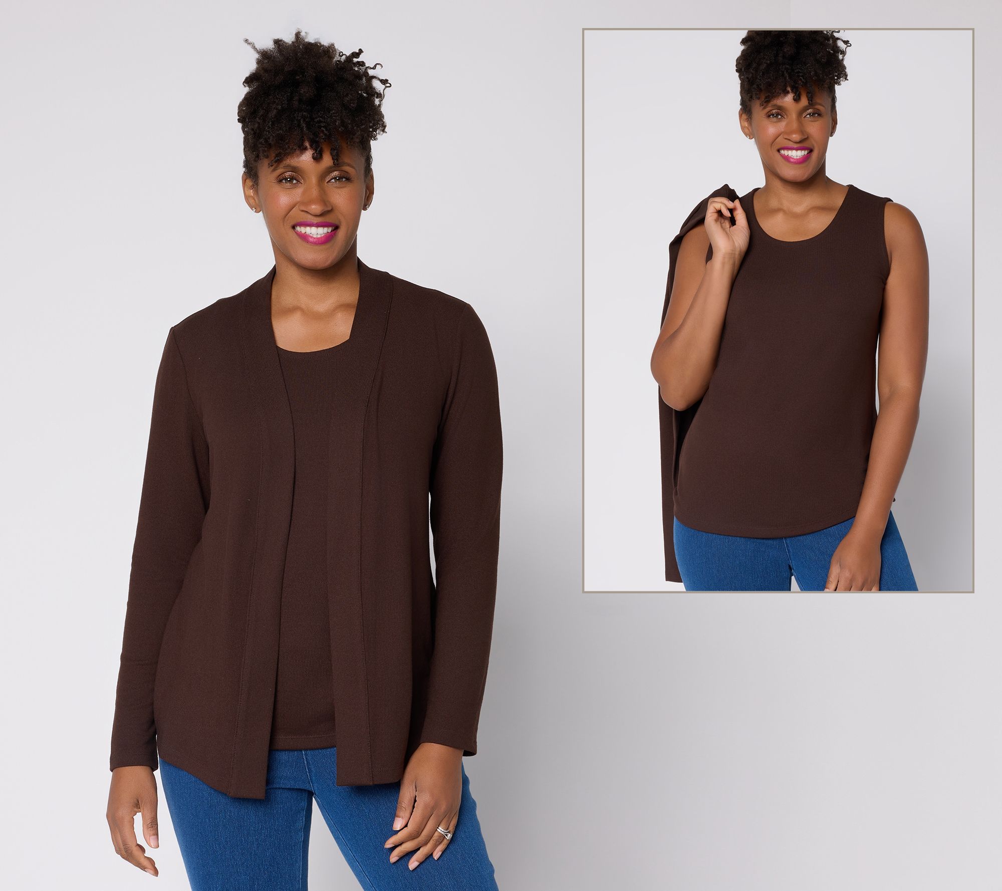 Denim & Co. Essentials Heavenly Jersey Cardigan/Tank Twin Set