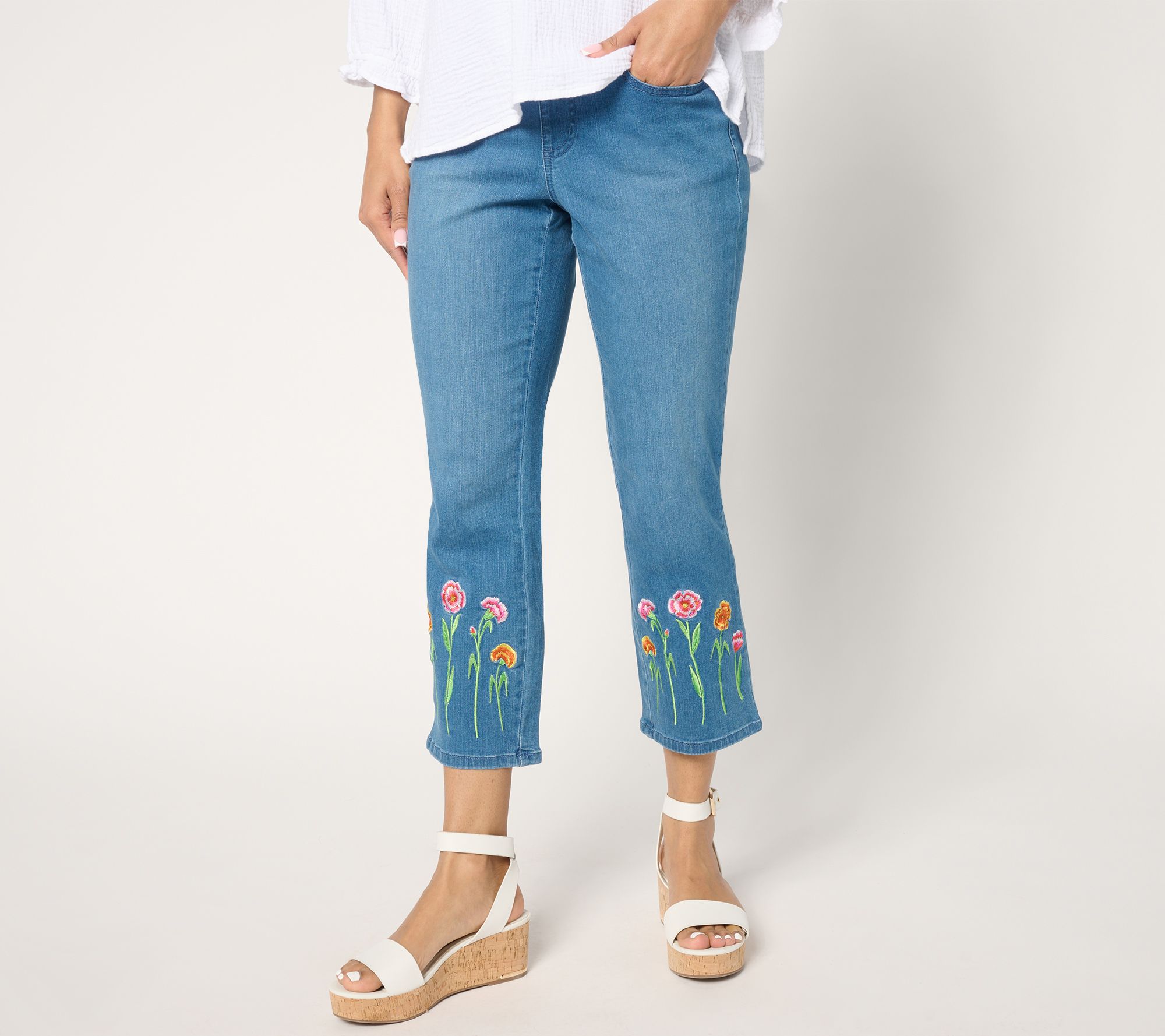 "As Is" Belle by Kim Gravel Pet TripleLuxe Denim Floral Crop Pants
