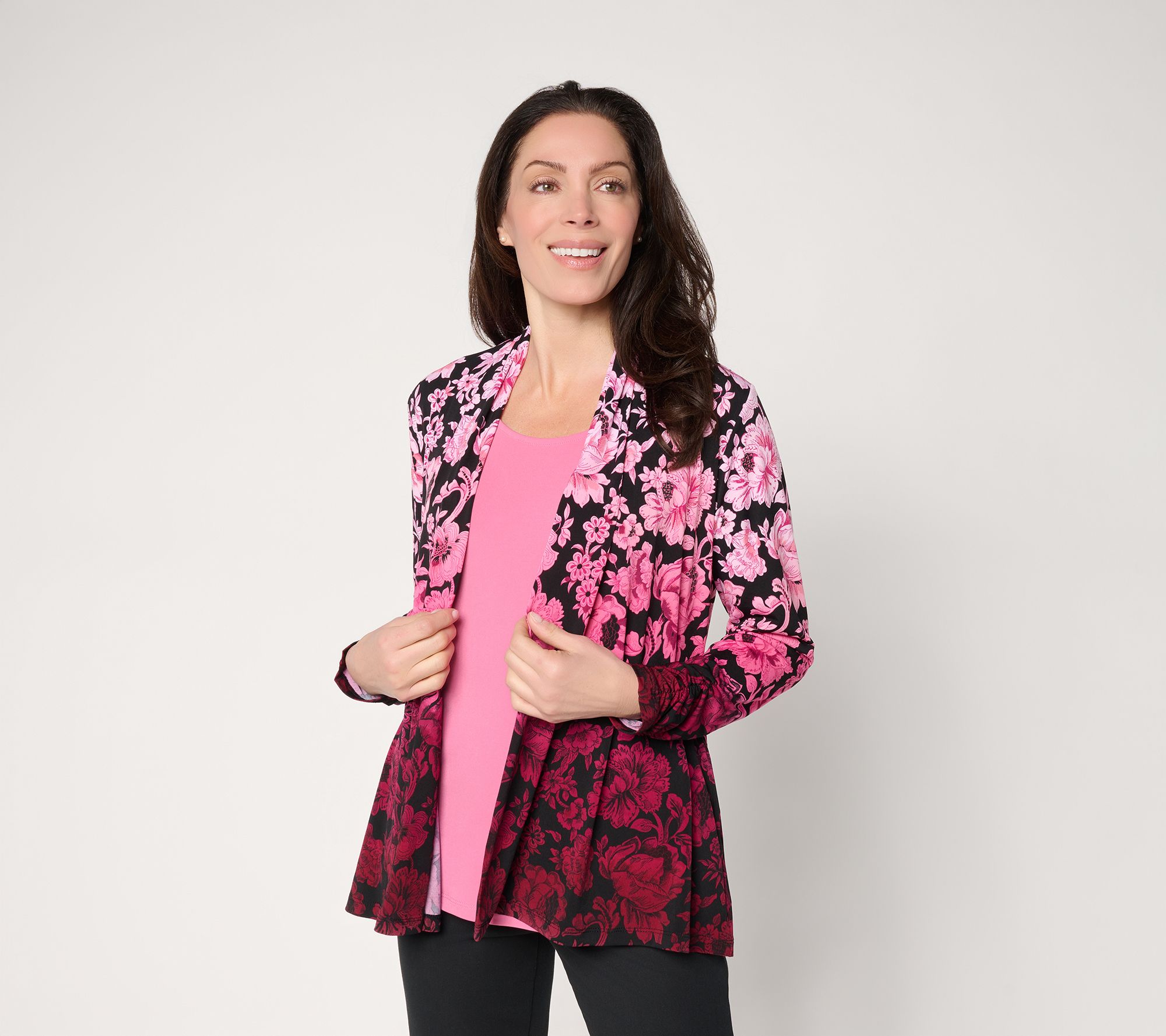  Susan Graver Regular Printed Liquid Knit Cardigan and Tank Set