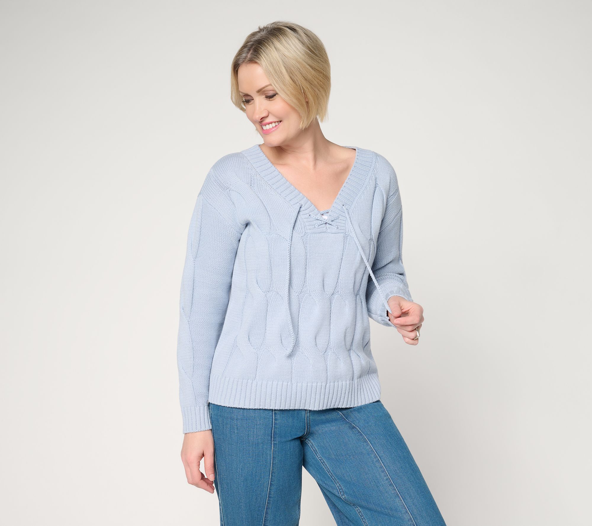 Peace Love World V-Neck Lace Up Cable Sweater