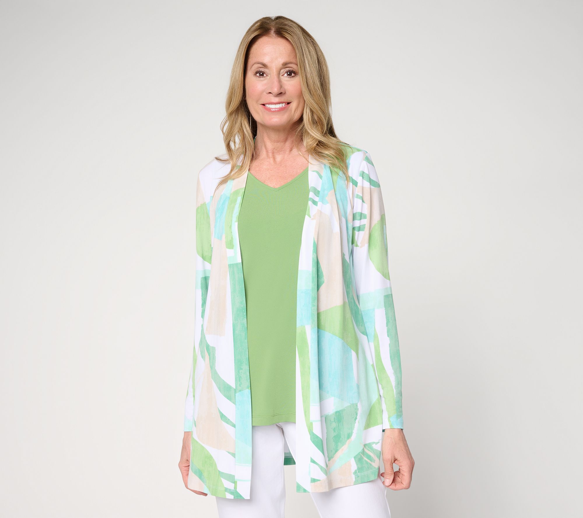 Susan Graver Petite Printed Liquid Knit Cardigan with Solid Tank Set
