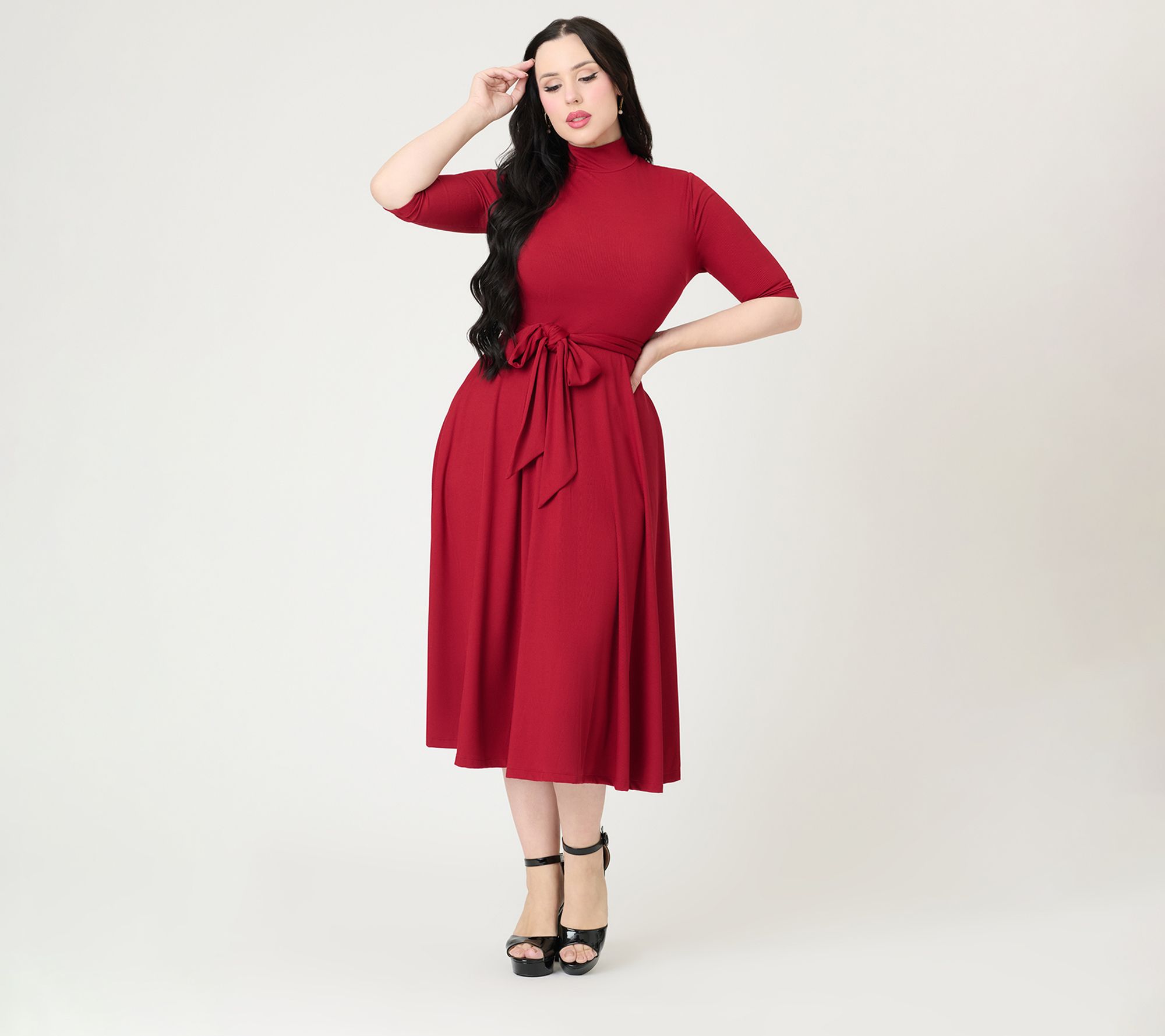 Unique Vintage Burgundy Turtleneck Midi Dress