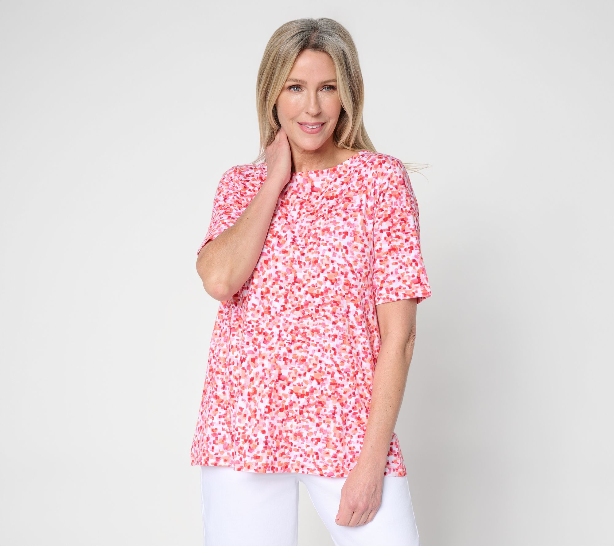 Susan Graver Weekend Printed Comfy Cotton Bateau Neck A-Line Top