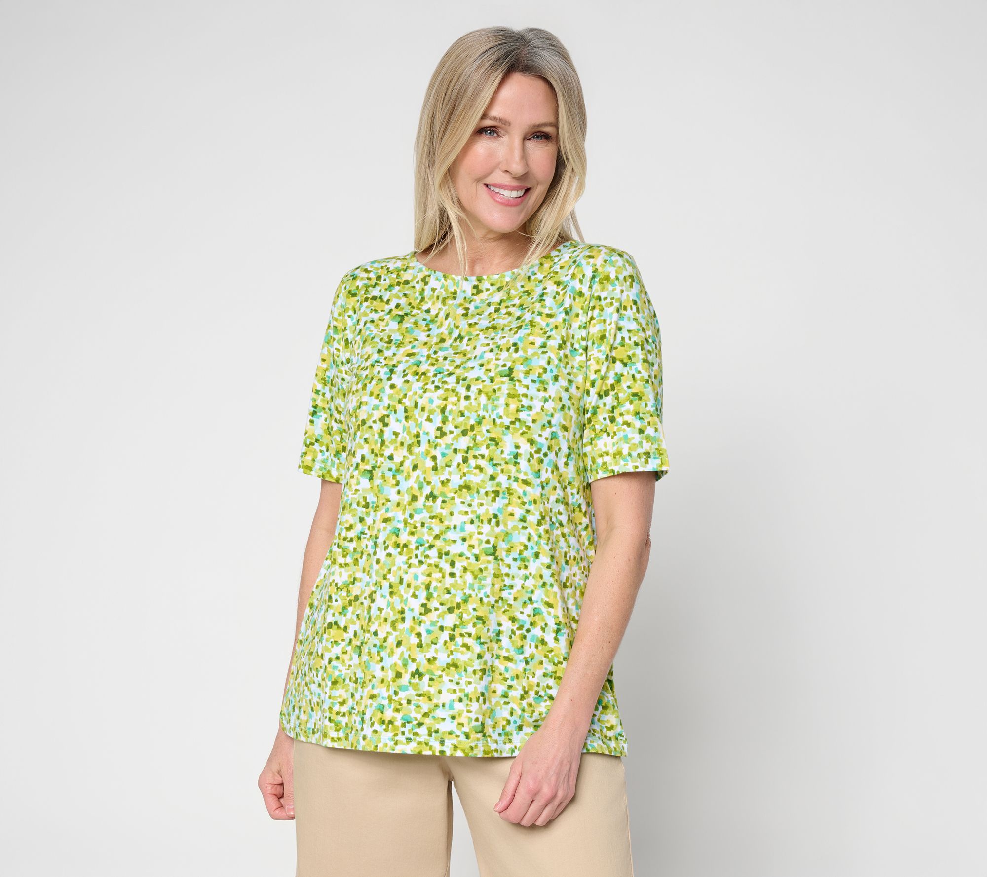 Susan Graver Weekend Printed Comfy Cotton Bateau Neck A-Line Top