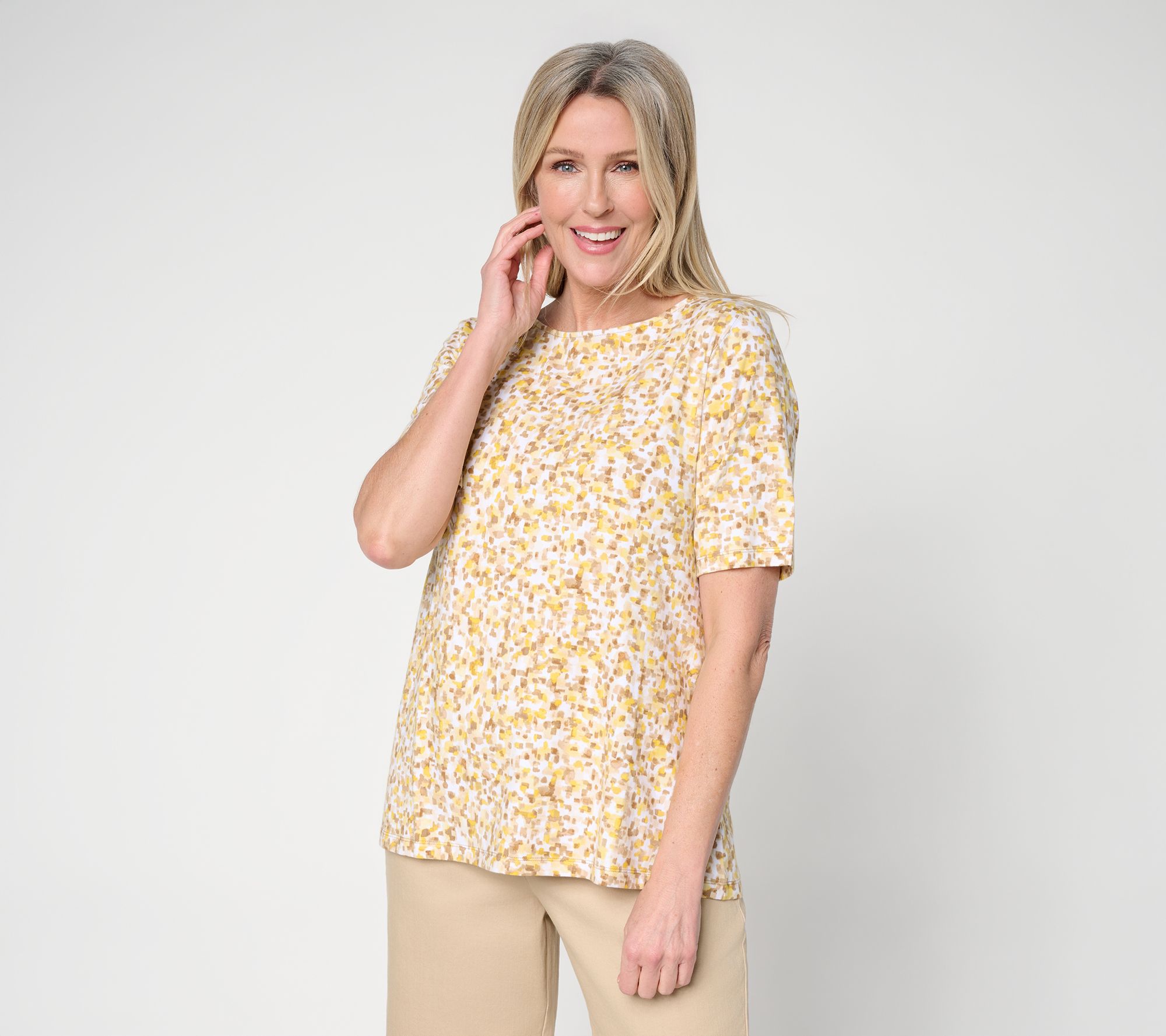 Susan Graver Weekend Printed Comfy Cotton Bateau Neck A-Line Top