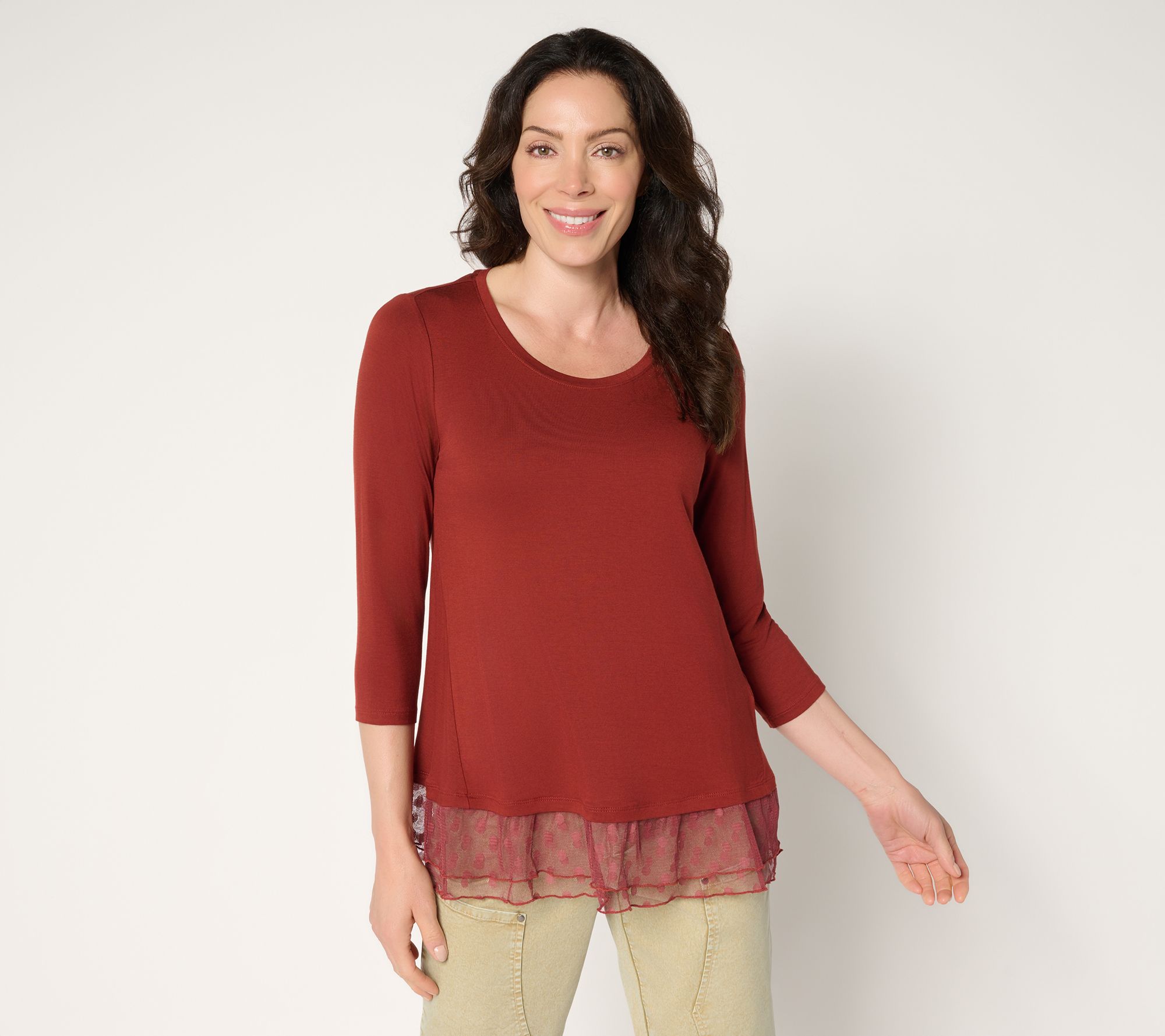 "As Is" LOGO Layers by Lori Goldstein Petite 3/4 Slv Mesh Hem Top