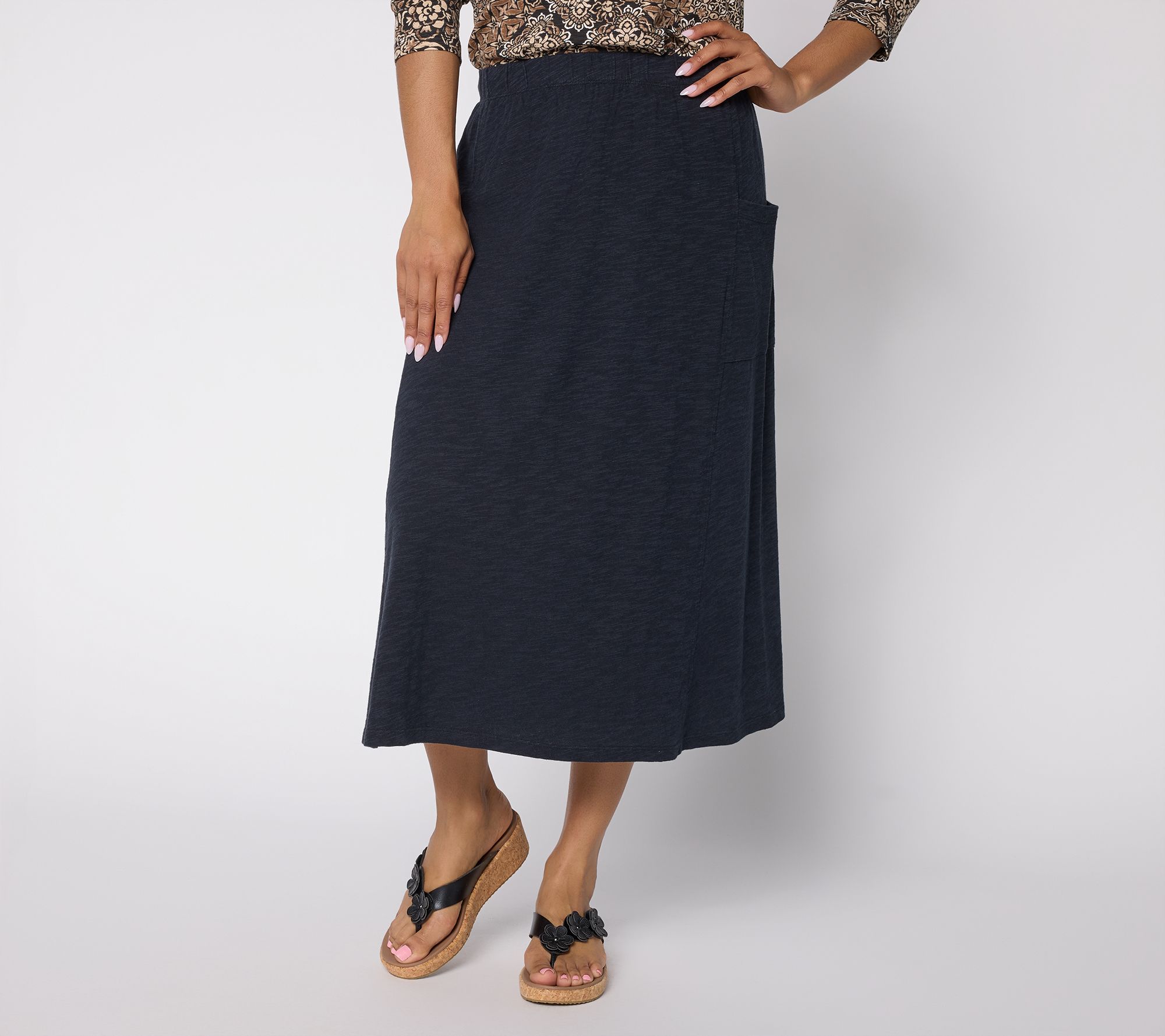 Denim & Co. Petite Cotton Slub Pull-On Midi Skirt
