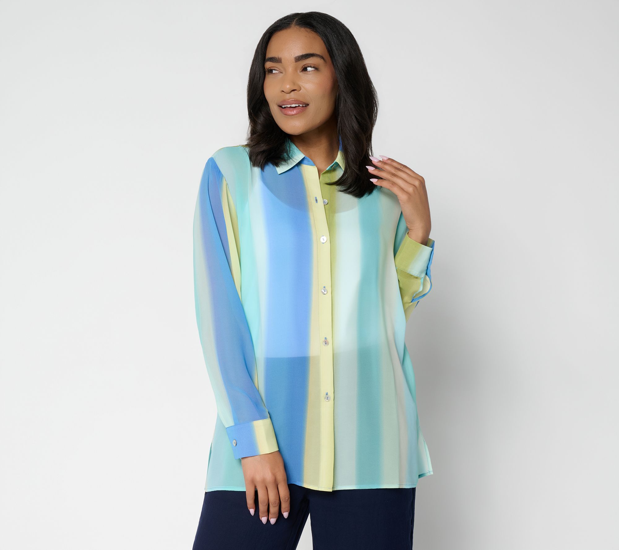 Susan Graver Petite Printed Chiffon Long Sleeve Button Front Tunic