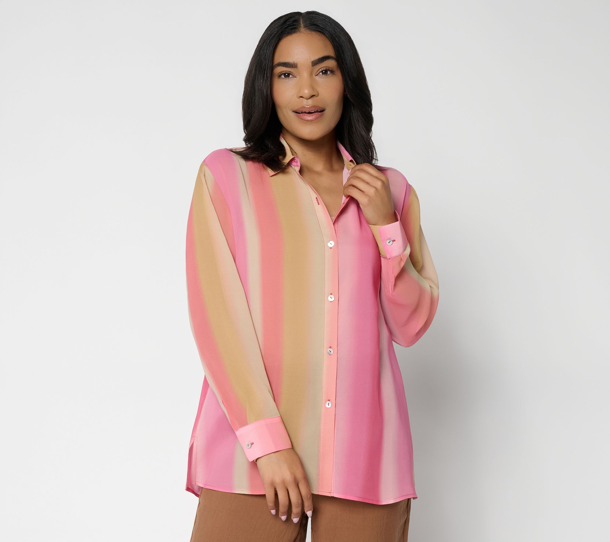 Susan Graver Petite Printed Chiffon Long Sleeve Button Front Tunic