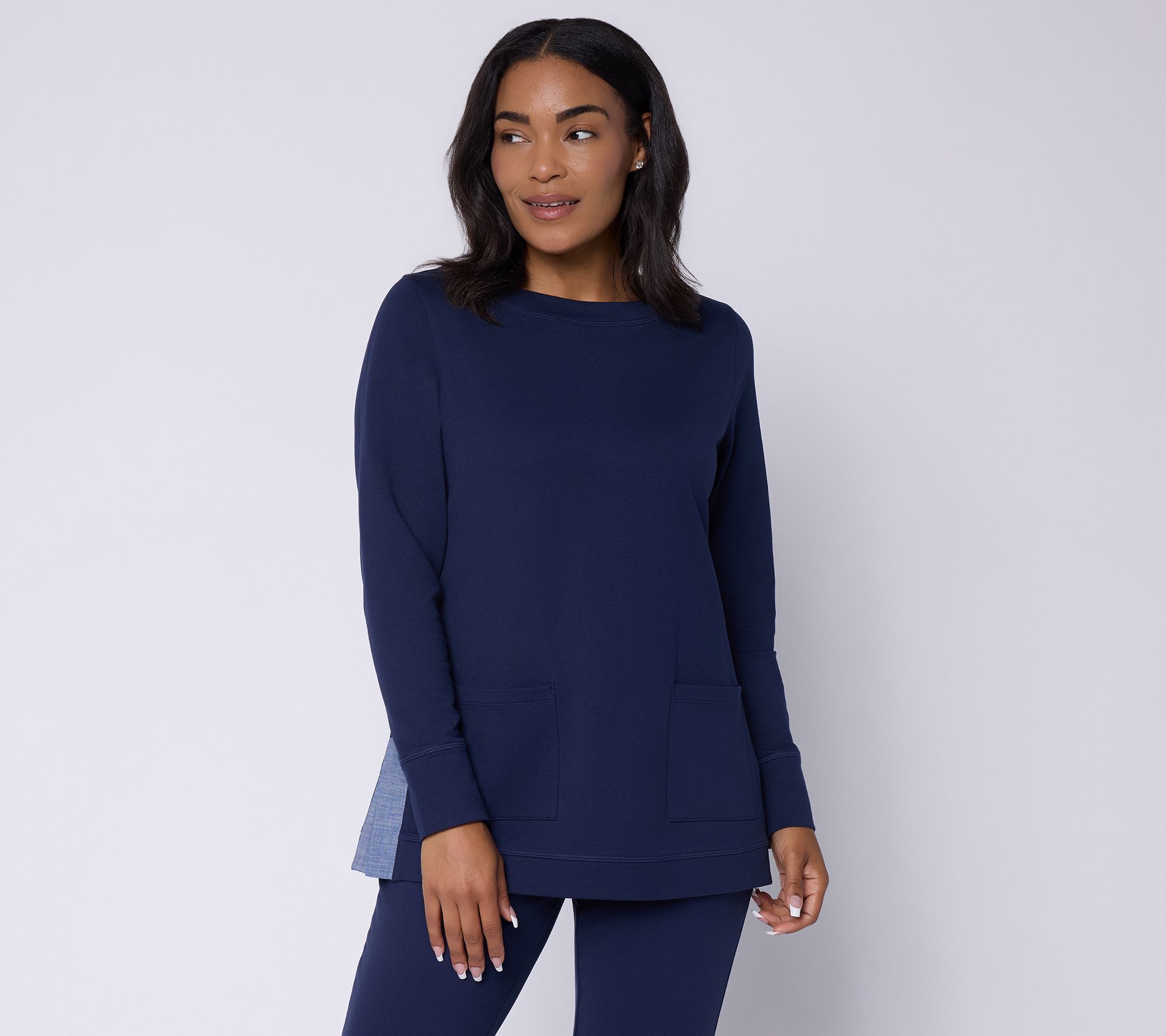 Denim & Co. Active Regular French Terry Tunic with Chambray Detail
