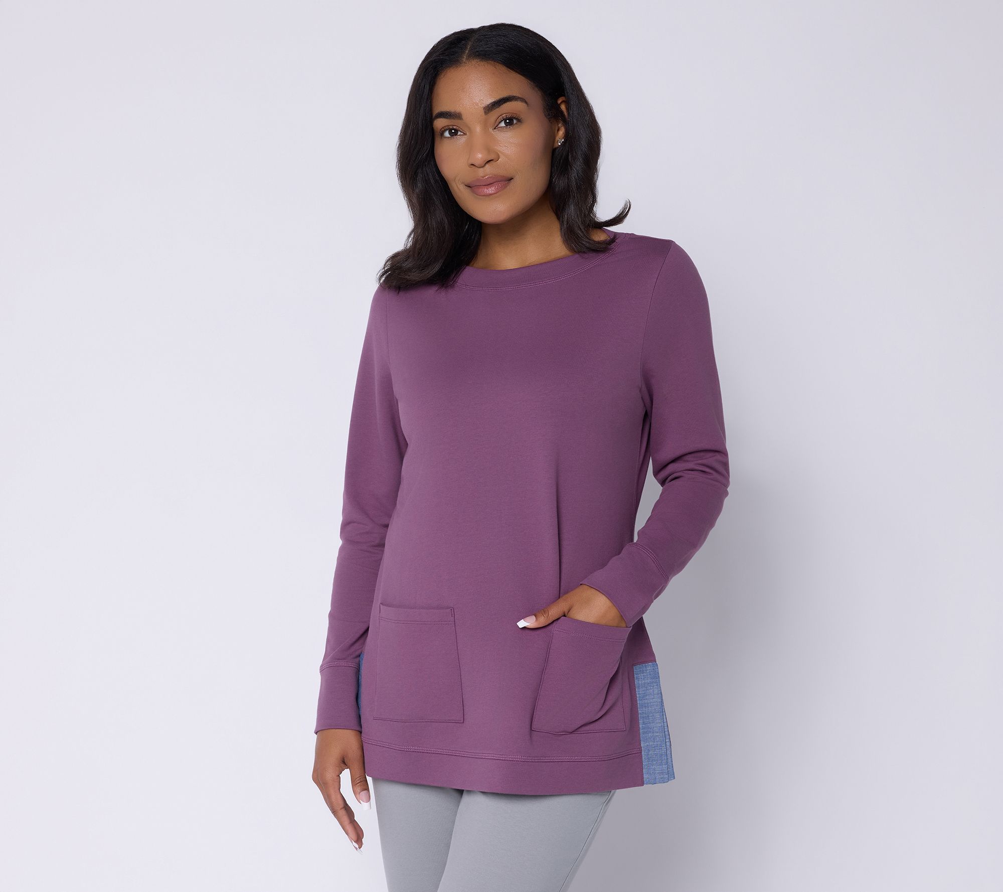 Denim & Co. Active Regular French Terry Tunic with Chambray Detail
