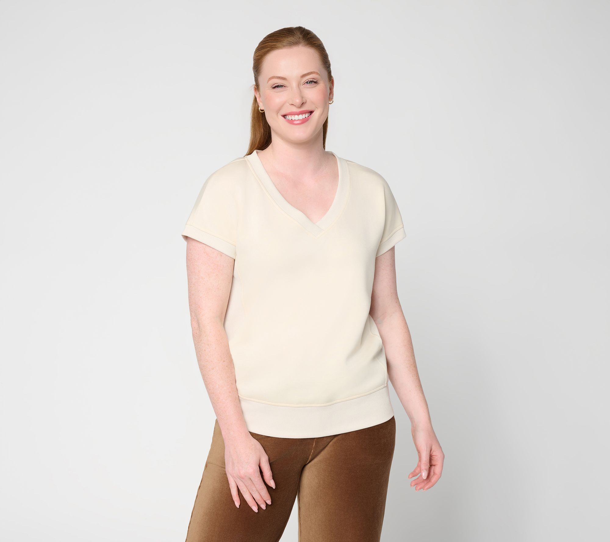  Susan Graver Weekend Serene Knit V-Neck Top w/ Rib Detail