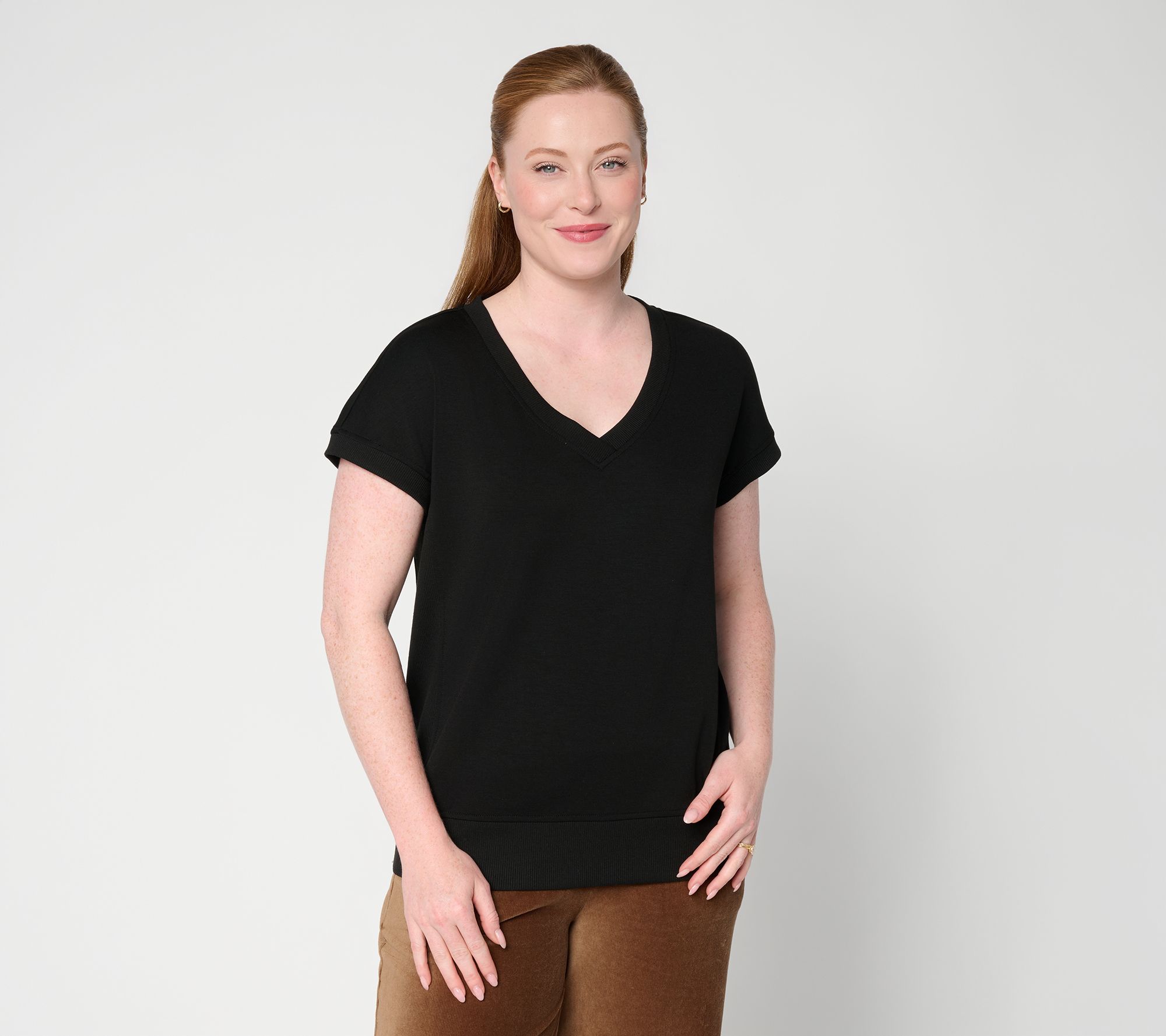 Susan Graver Weekend Serene Knit V-Neck Top w/ Rib Detail