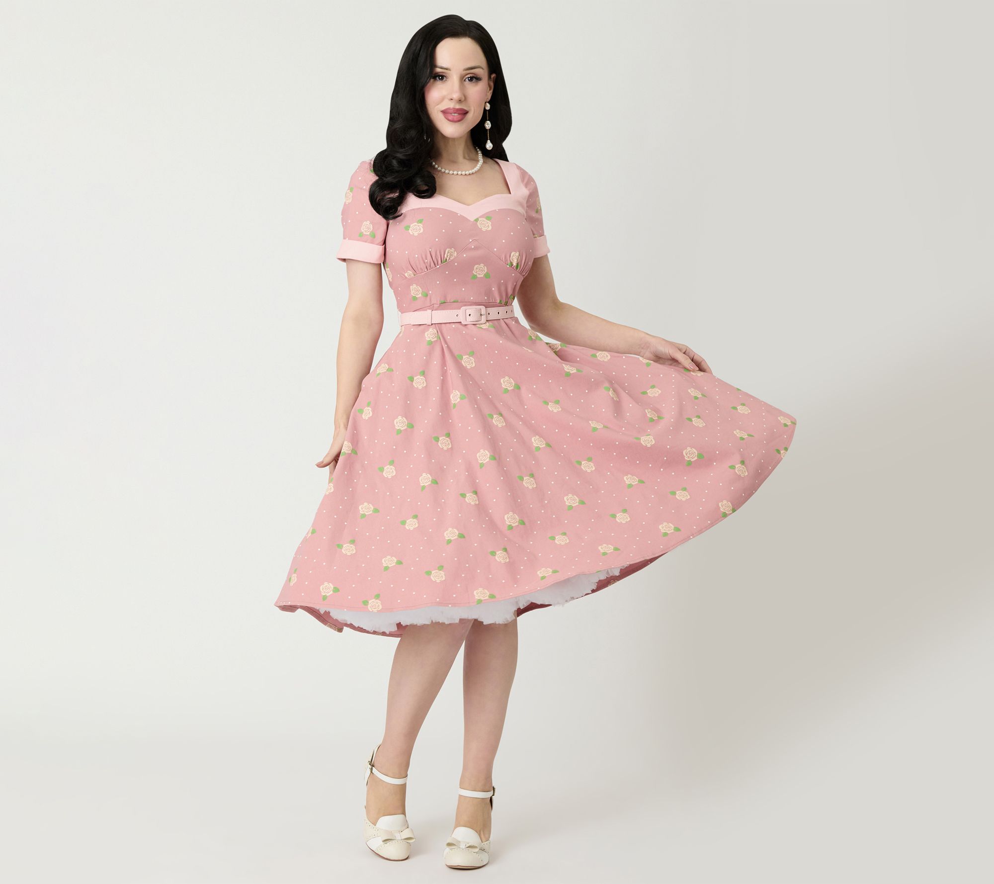 Unique Vintage Light Pink & Roses Swing Dress