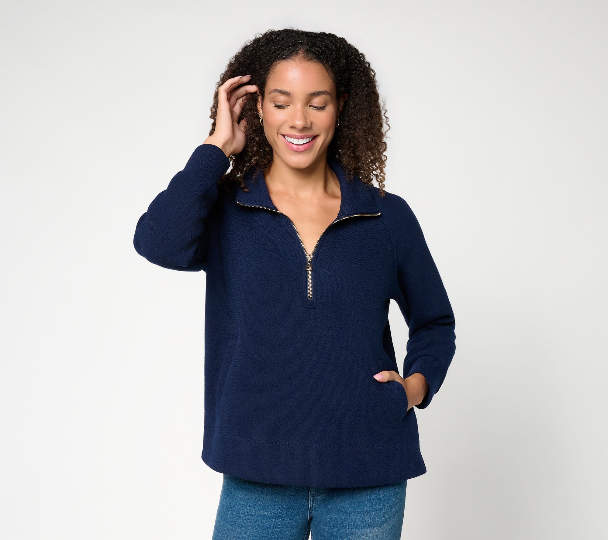 Dennis Basso Pique Jersey Knit 1/2 Zip Mock Neck Top
