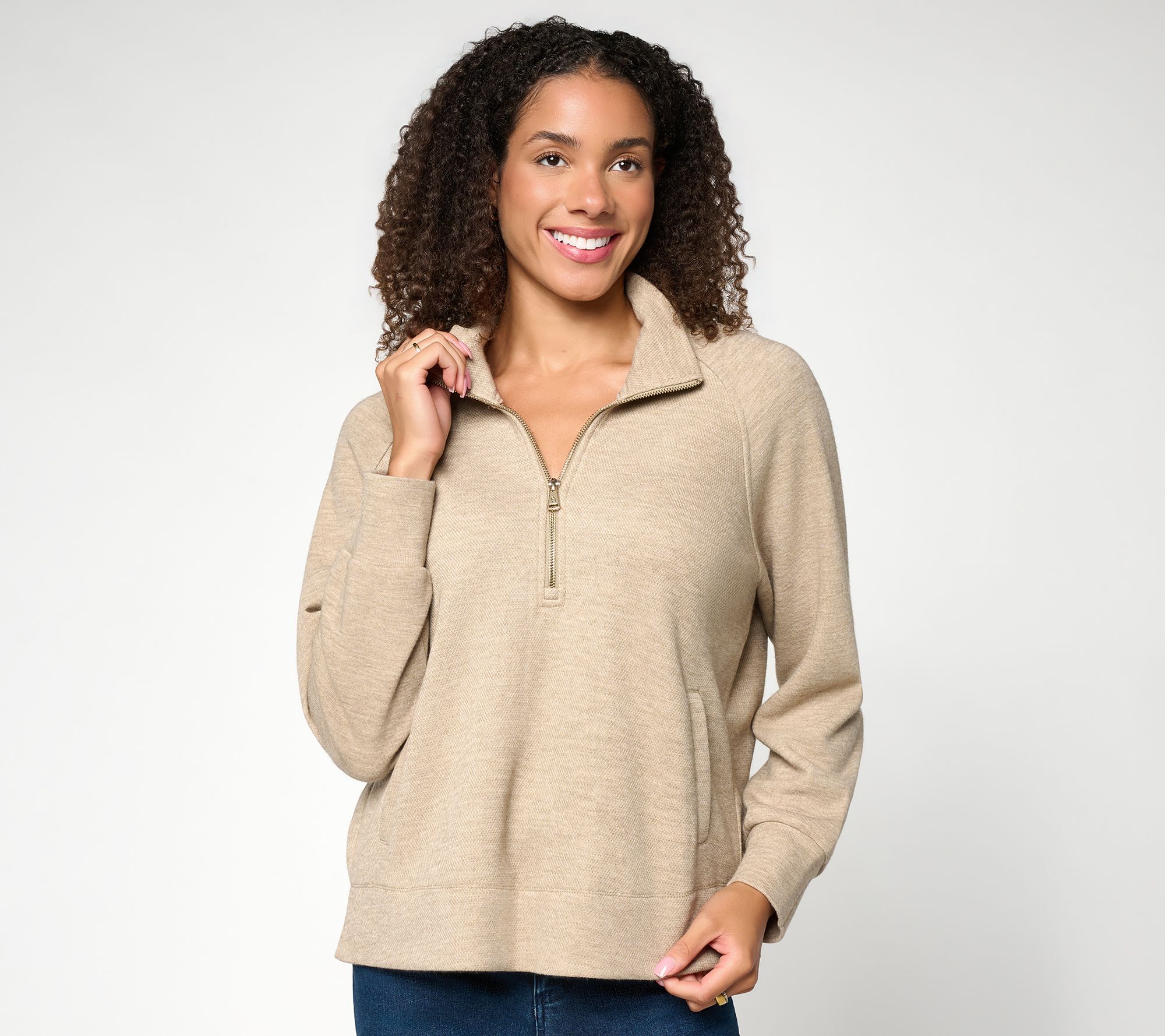 Dennis Basso Pique Jersey Knit 1/2 Zip Mock Neck Top