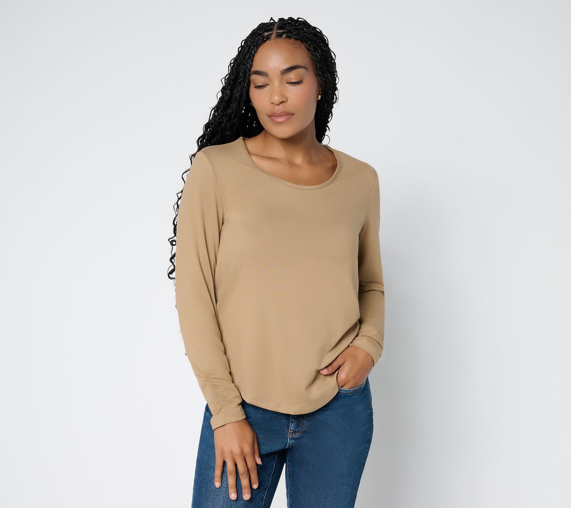 Susan Graver Brushed Liquid Knit Ruched Long Sleeve Top